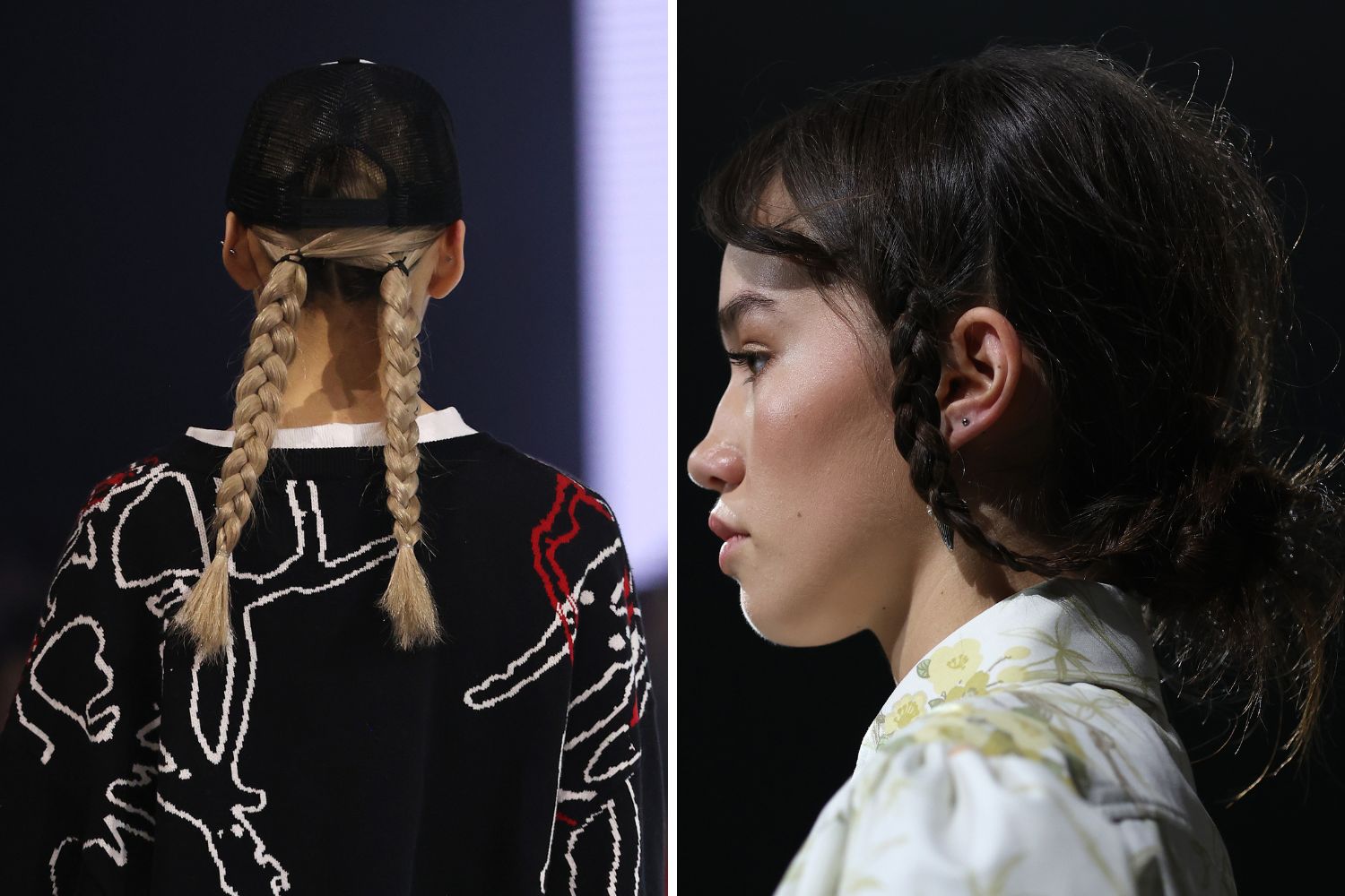 Left to right: Double braids at Imperfect Creatives from Otago Polytechnic (Graduate Showcase). Sweeping Victorian-era braids at Campbell Luke. Photos / Getty Images