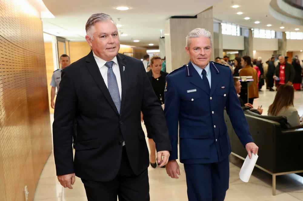 Police Minister Mark Mitchell (left) claims he and Police Commissioner Richard Chambers are aligned over the Government's 500 extra police target. Photo / Mark Mitchell