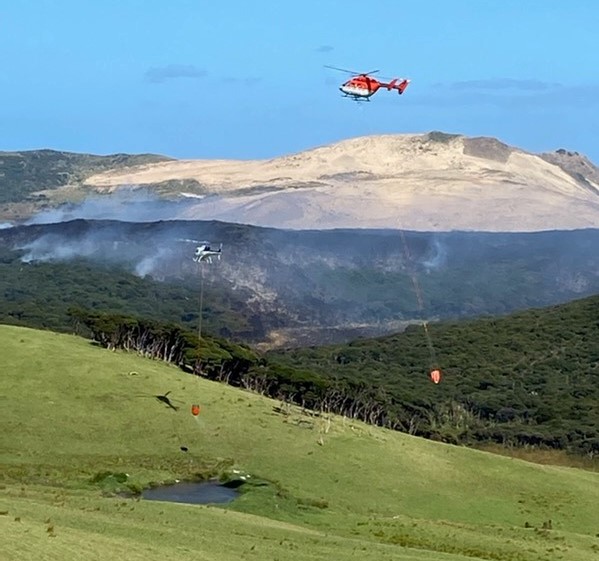 Helicopters fight the fire using monsoon buckets with Te Paki sand dunes in the distance. Photo / Fenz