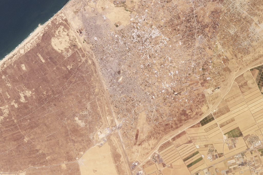 This satellite image shows Rafah in Gaza (centre). Egypt can be seen to the left, Israel to the bottom right corner. Photo / AP