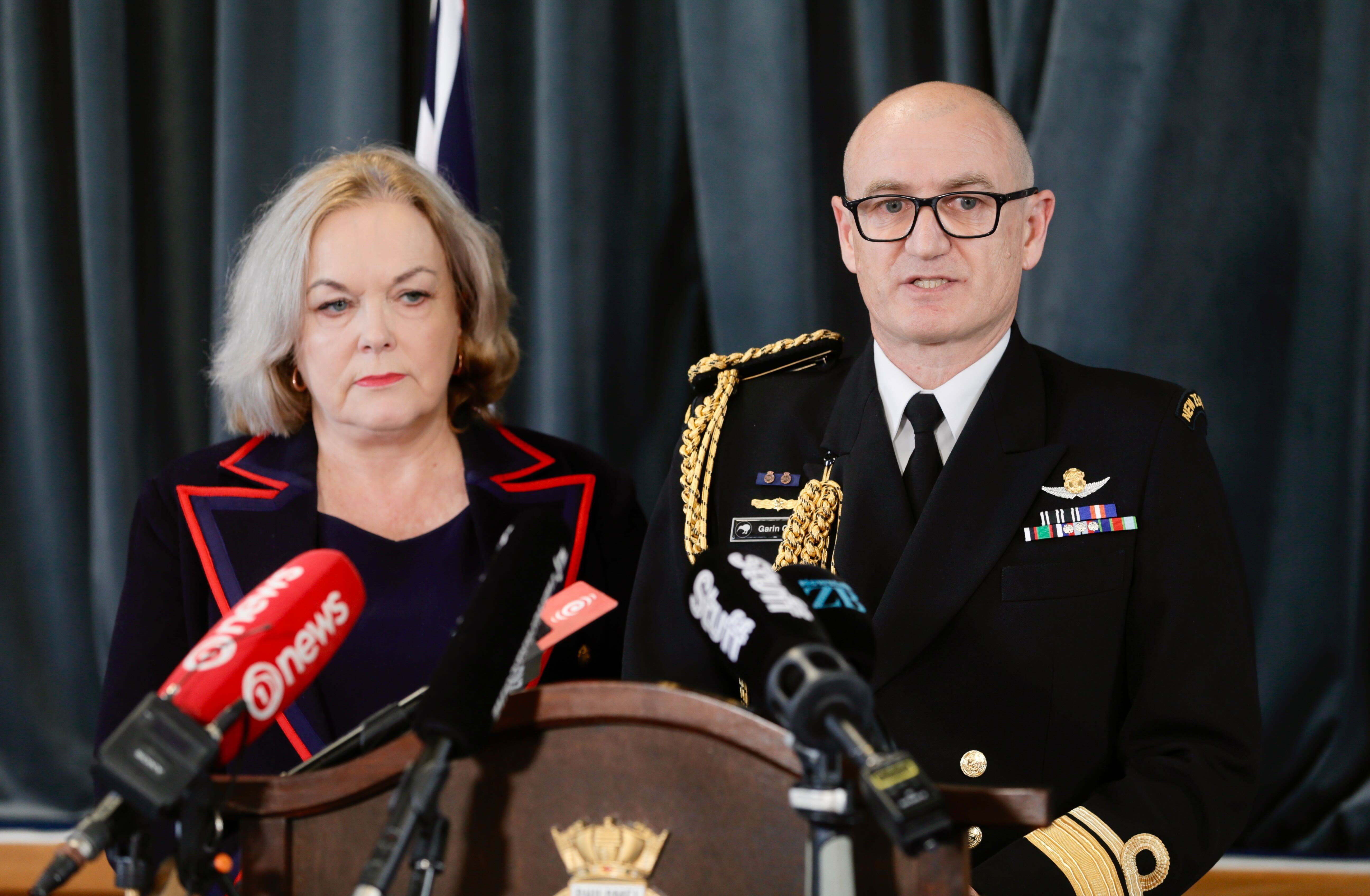 Defence Minister Judith Collins and Chief of Navy Rear Admiral Garin Golding fronted a media conference in Auckland on Sunday on the sinking of HMNZS Manawanui off the coast of southern Samoa. Photo / Alex Burton