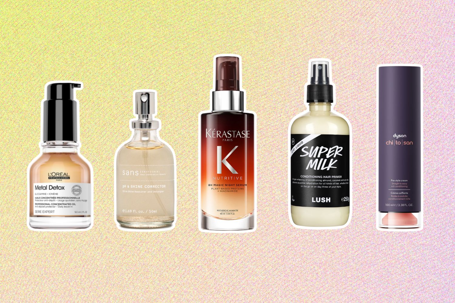 From left: L’Oreal Professionel Metal Detox Oil; Sans Ceuticals pH + Shine Corrector; Kerastase Nutritive 8H Night Repair Serum; Lush Super Milk Conditioning Spray; Dyson Chitosan Pre-Style Cream.