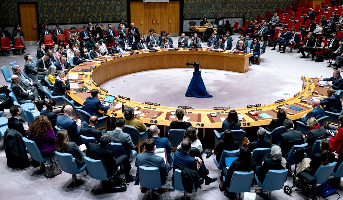 Palestinian UN ambassador Riyad Mansour (background right) addresses members of the UN Security Council at United Nations headquarters. Photo / AP