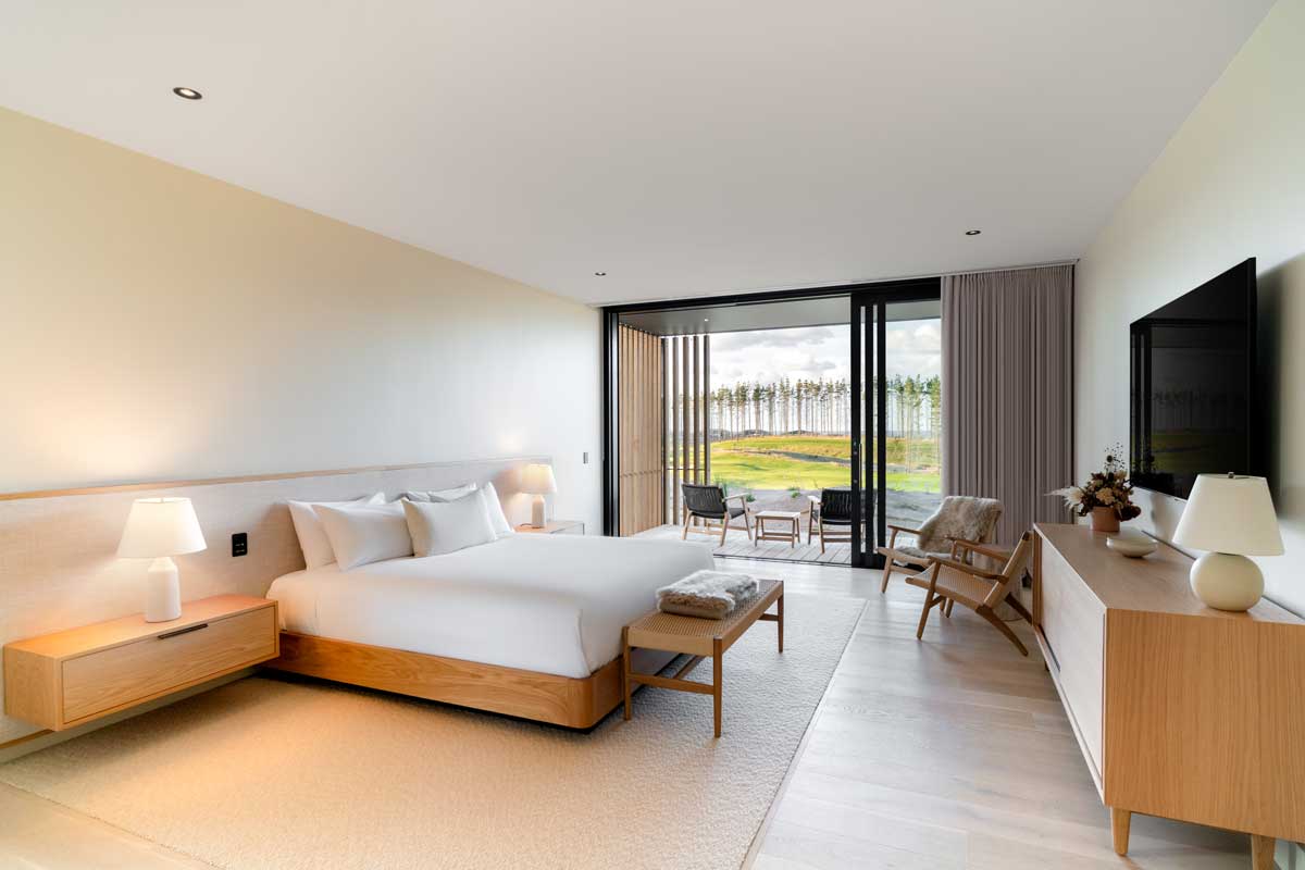 One of the suites overlooking the golf course at Te Arai.