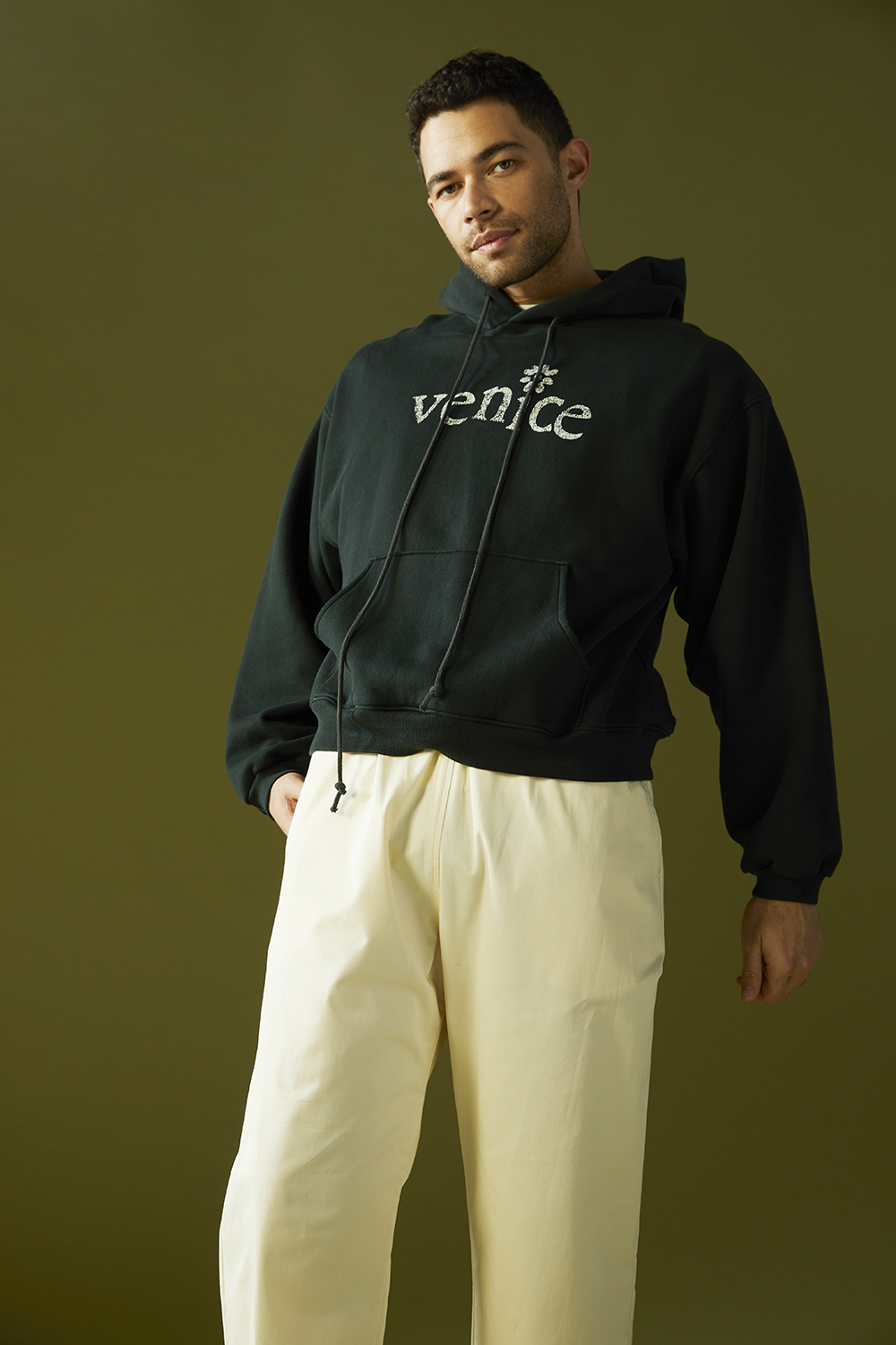 Actor Vinnie Bennett wearing a hoodie for volume nine of Viva Magazine, 2022. Photo / Mara Sommer