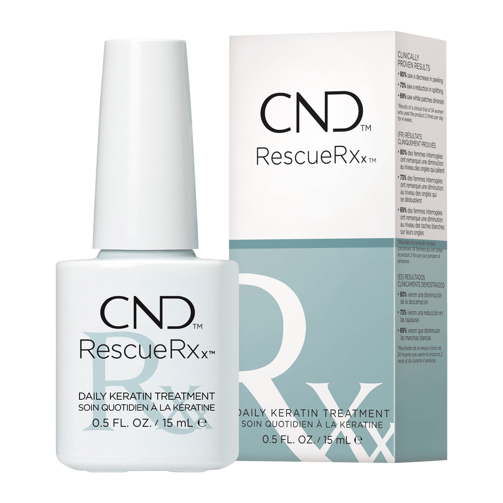 CND Rescue Rxx is a daily keratin treatment that repairs and restores damaged and weakened natural nails. Photo / Supplied