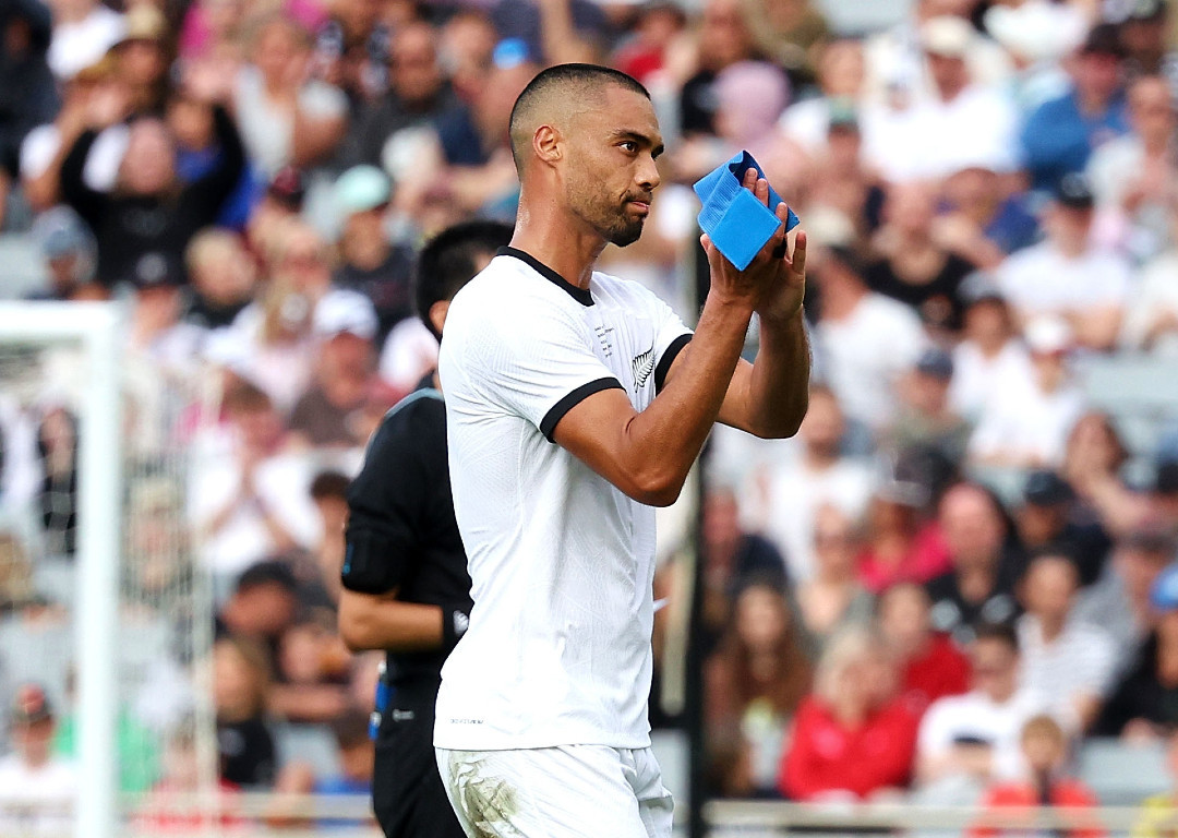 Winston Reid acknowledges the crowd at Eden Park during his final appearance for the All Whites. Photo / Photosport