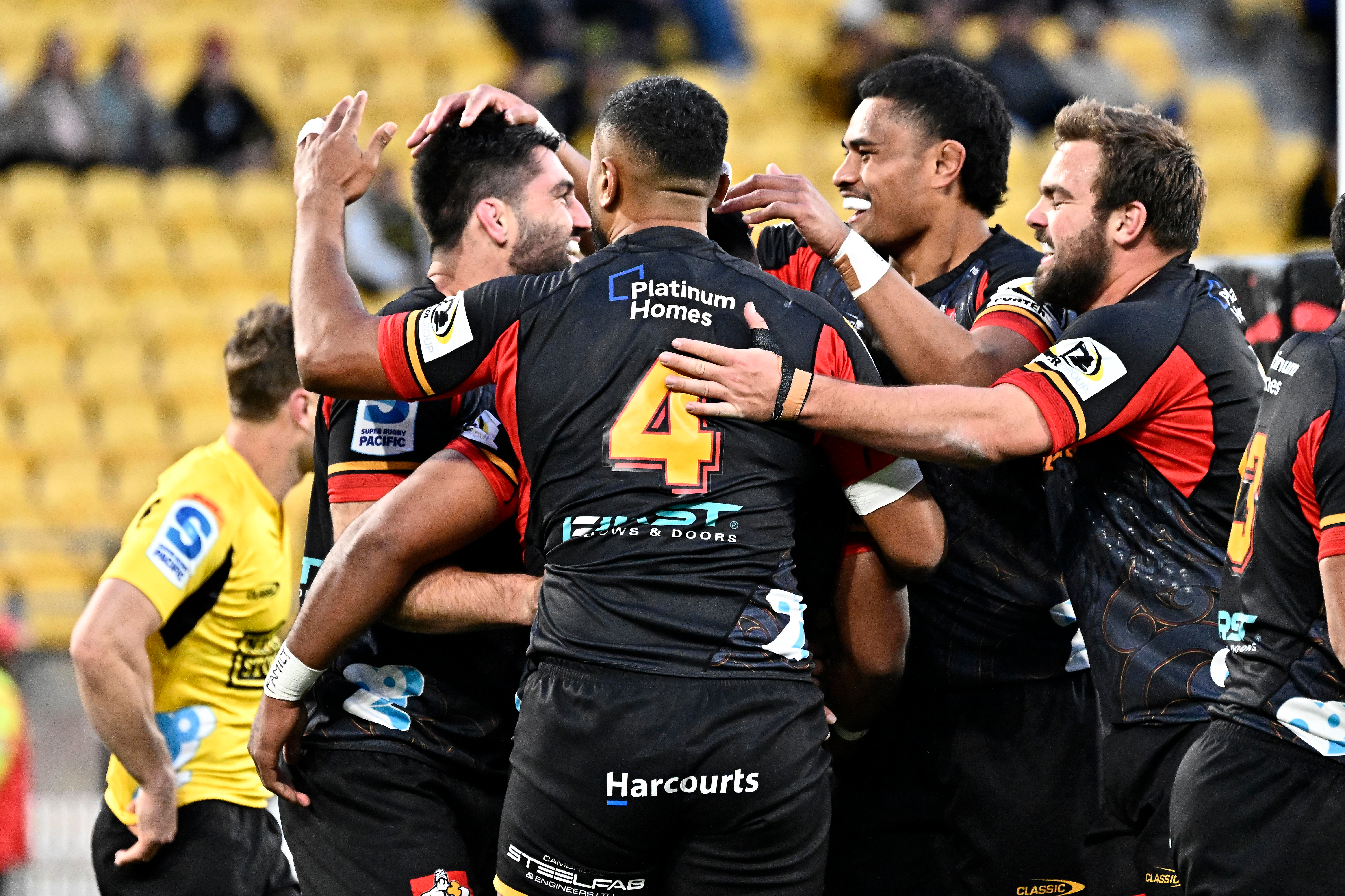 The Chiefs celebrate a try during their win over the Hurricanes. Photo / Photosport