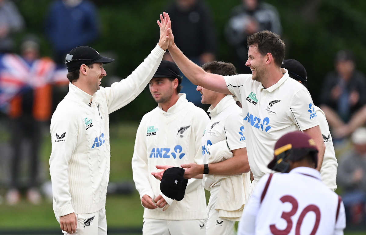 Matt Henry and Jacob Duffy celebrate a West Indies wicket in Christchurch. Photo / Photosport