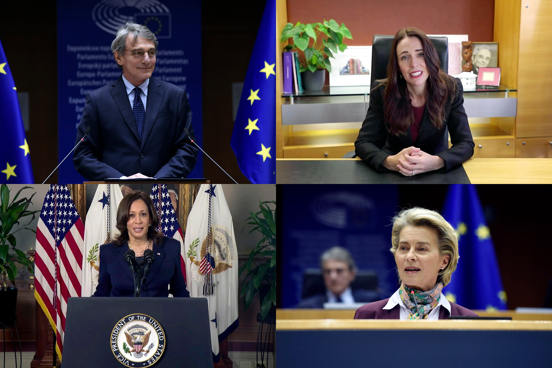 European Union President David Sassoli, New Zealand PM Jacinda Ardern, US Vice President Kamala Harris and European Commission President Ursula von der Leyen honoured women battling against Covid-19. Photo / European Parliament