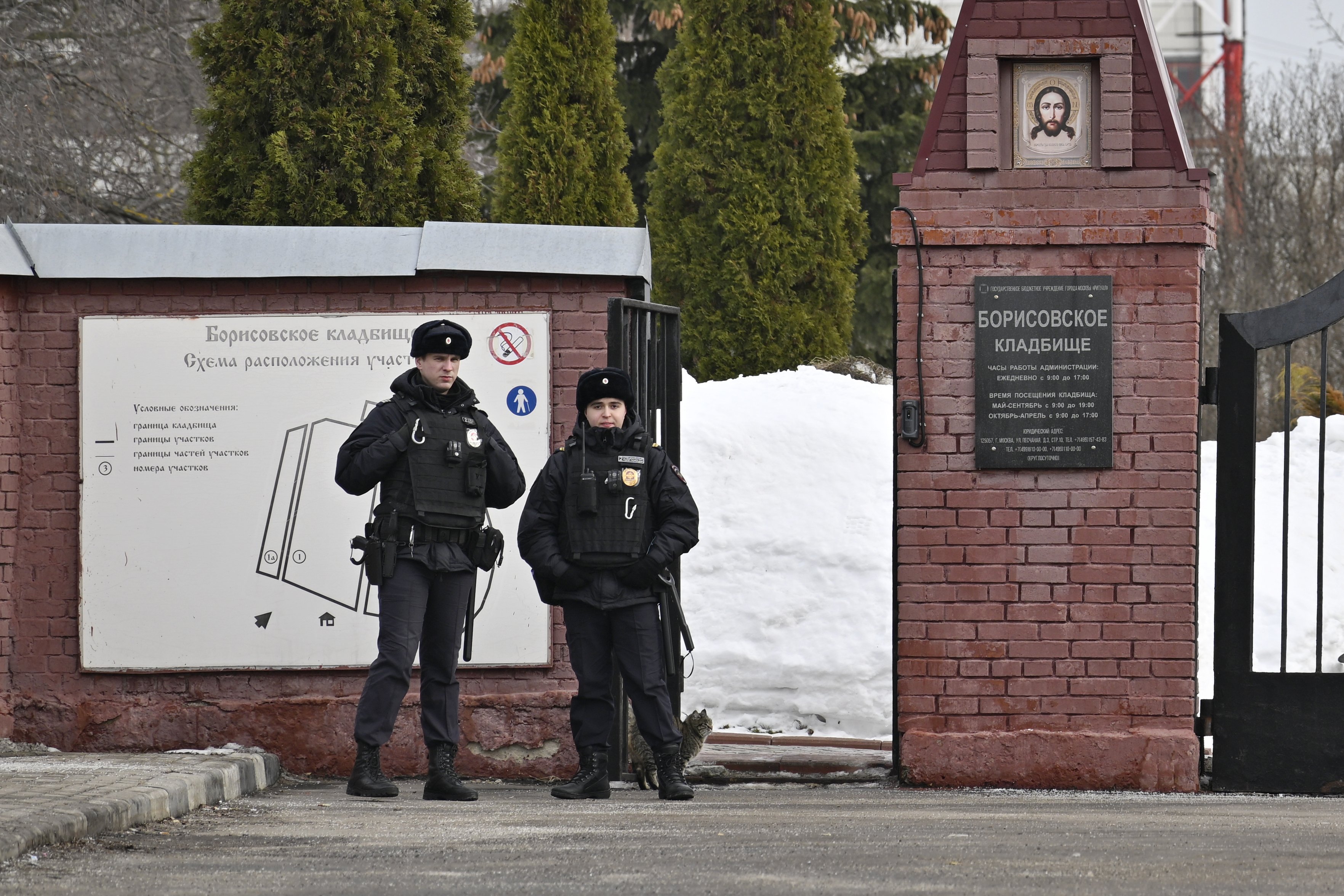 Police officers stand guard at the Borisovskoye Cemetery where the funeral of Russian opposition leader Alexei Navalny will be held. Photo / AP