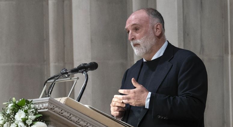 Chef Jose Andres, founder of the American NGO World Central Kitchen, speaks during the World Central Kitchen's memorial service at the National Cathedral in Washington. Photo / AP