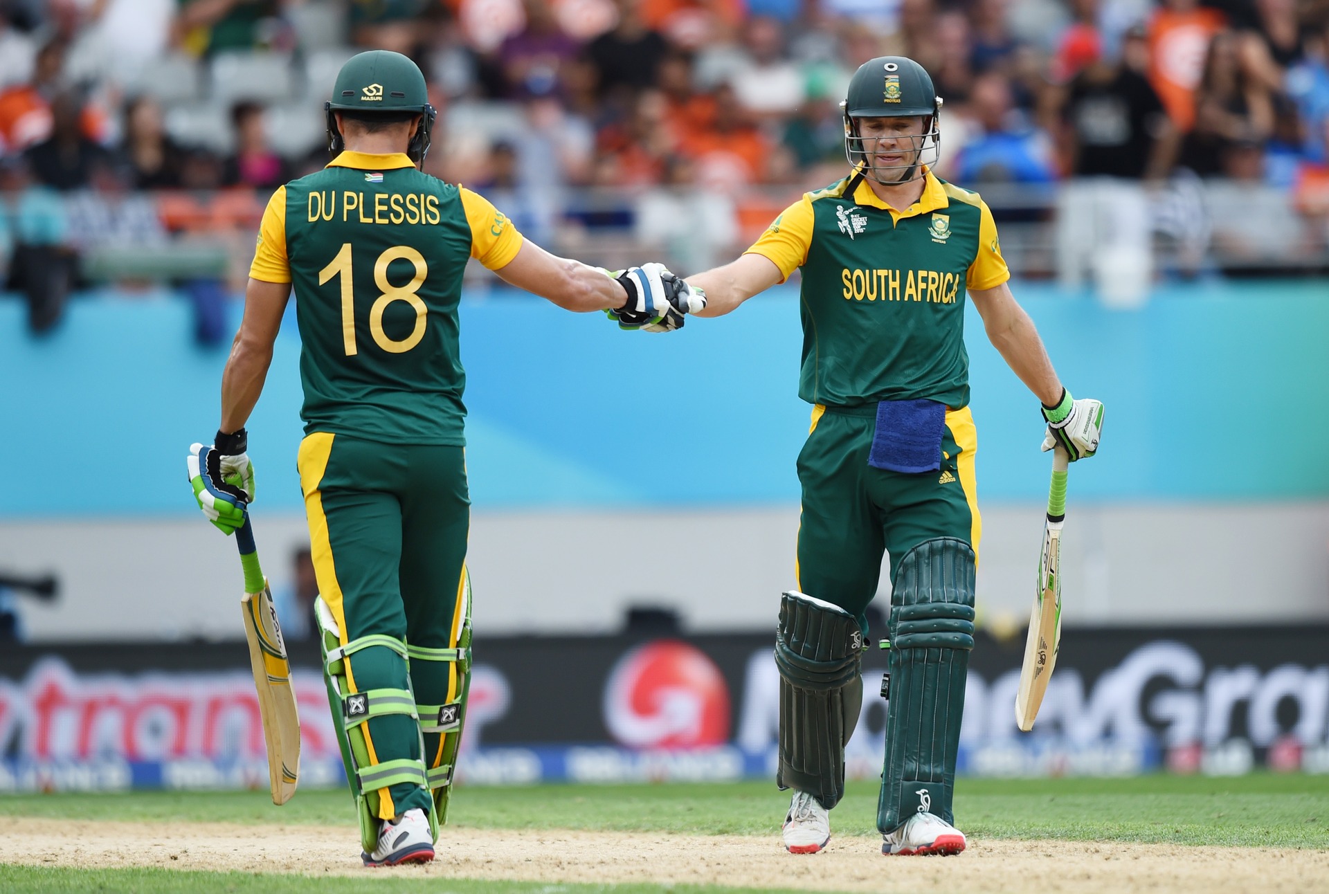 Faf du Plessis and AB de Villiers were both given lives by Kane Williamson. Photo / Getty