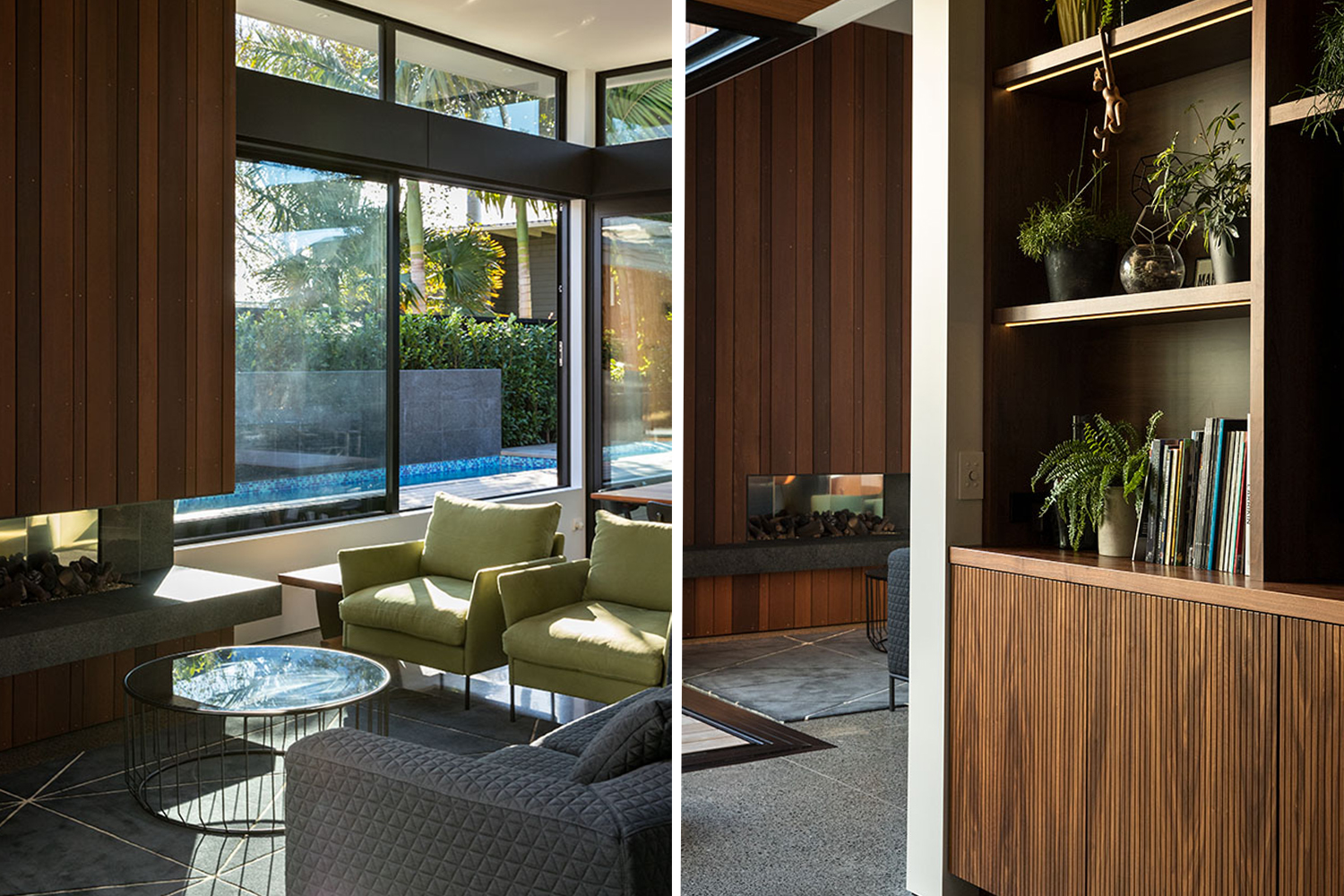 The living room features Simon James furniture and looks out over the lap pool through large sliding windows; the shelving unit is finished in the same cedar ceiling panelling that appears in the kitchen. Photo / Simon Devitt