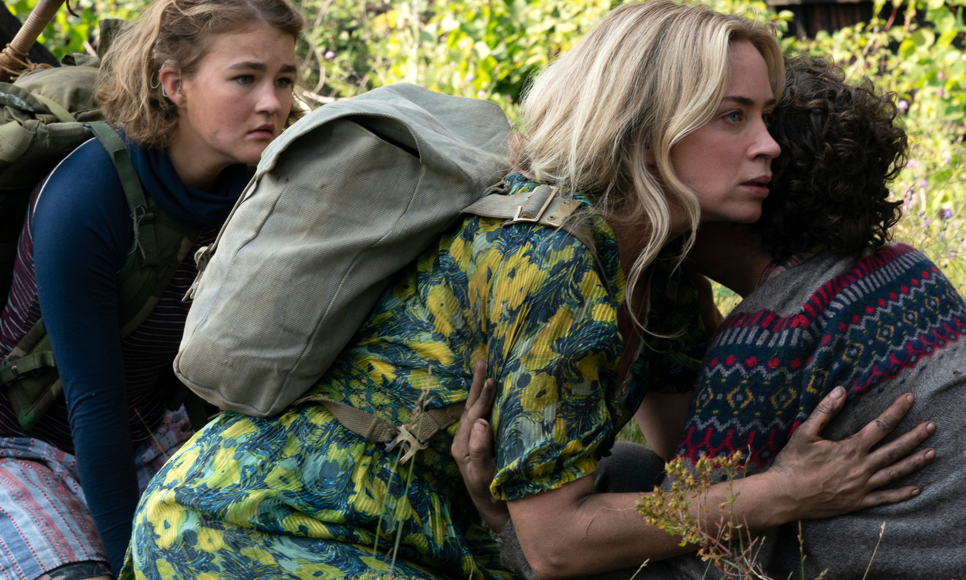 Millicent Simmonds, Emily Blunt and Noah Jupe in a scene from A Quiet Place Part II, in cinemas now.