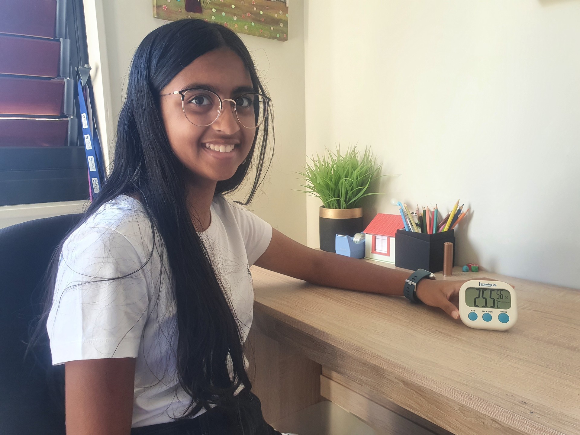 Twelve-year-old Arya Naidu, of Mt Eden, was among 2000 children who collected temperature and humidity measurements for a study into conditions inside New Zealand homes. Photo / Supplied