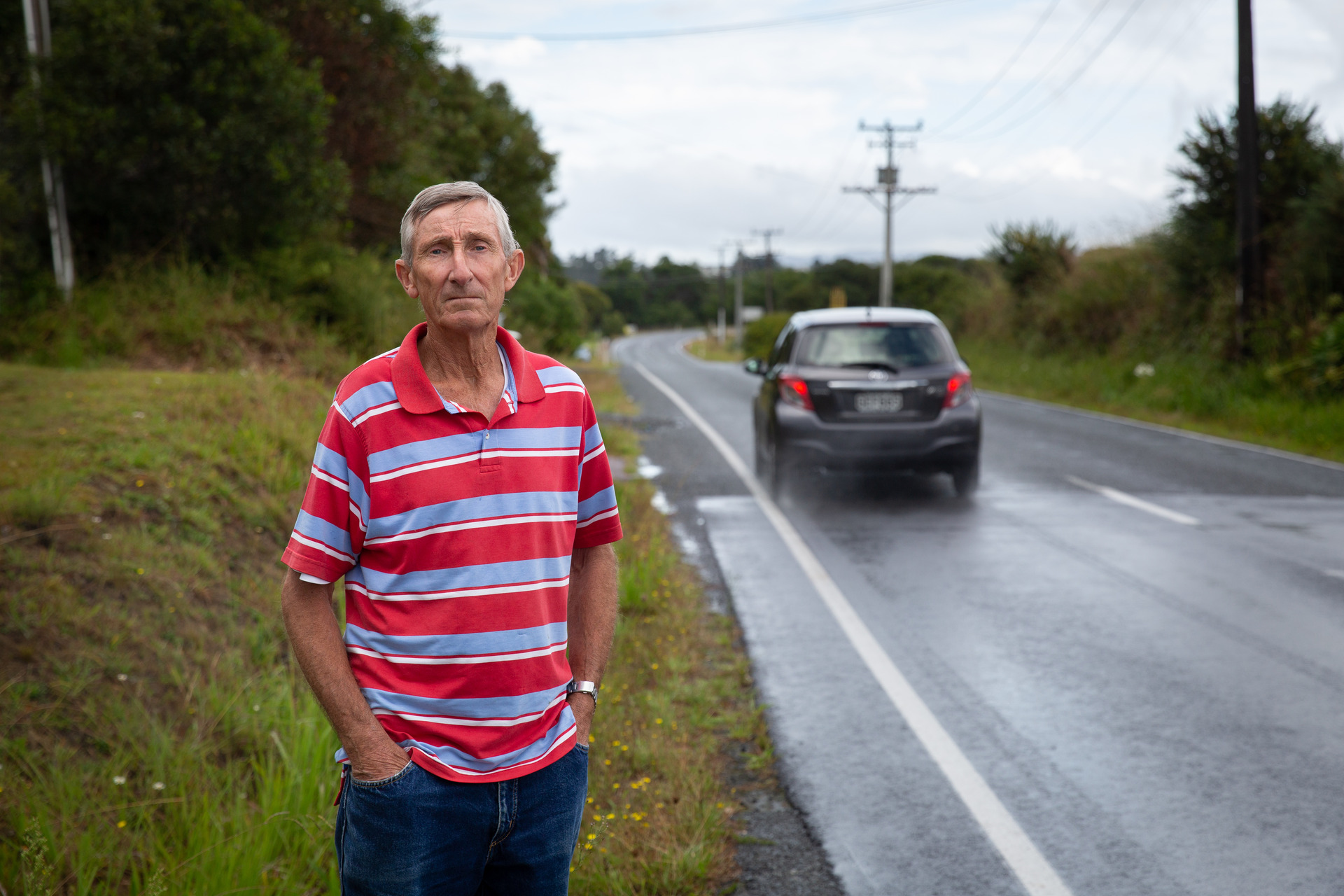 Whenuapai resident Mark Batchelor broke his collar bone after falling in a ditch in Kauri Rd. Photo / Sylvie Whinray