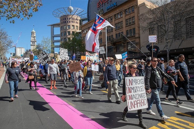 About a few thousand people were out for Advance Party's demonstration against the government's Covid-19 restrictions and lockdowns. Photo / Peter Meecham