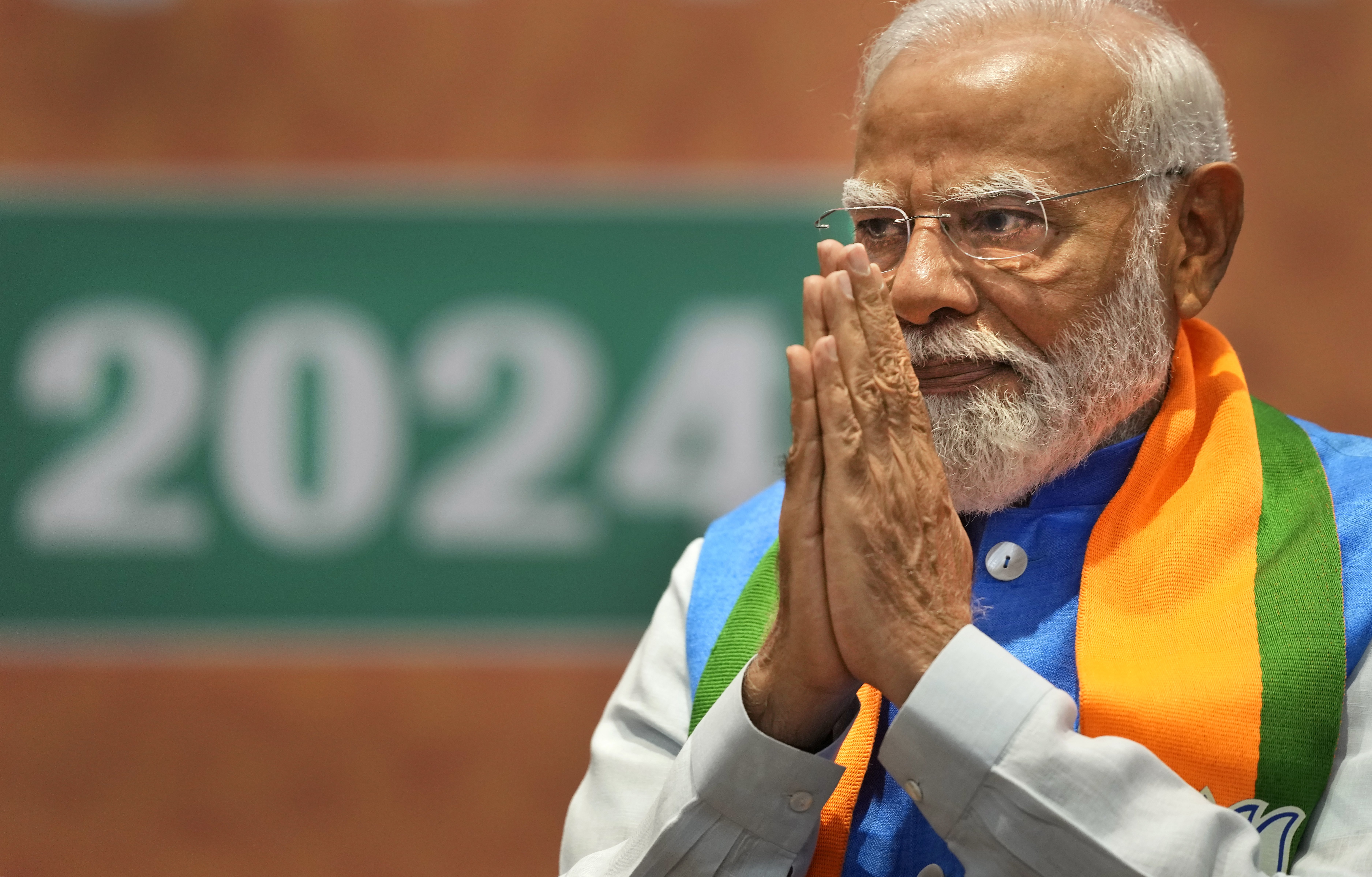 Indian Prime Minister Narendra Modi during the unveiling of his Hindu nationalist Bharatiya Janata party’s election manifesto in New Delhi on April 14. Modi is campaigning for a third term in the general election. Photo / AP