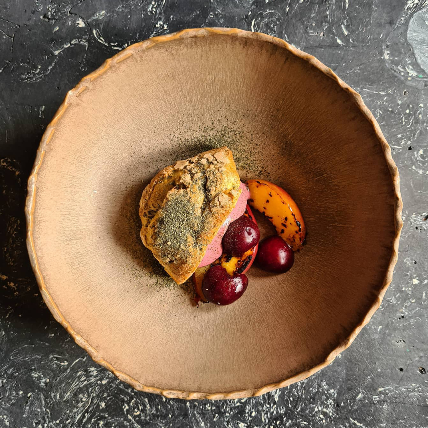 Grilled nectarines, cherries and lemon thyme at Sem restaurant in Lisbon, Portugal. Photo / @Restaurant_sem