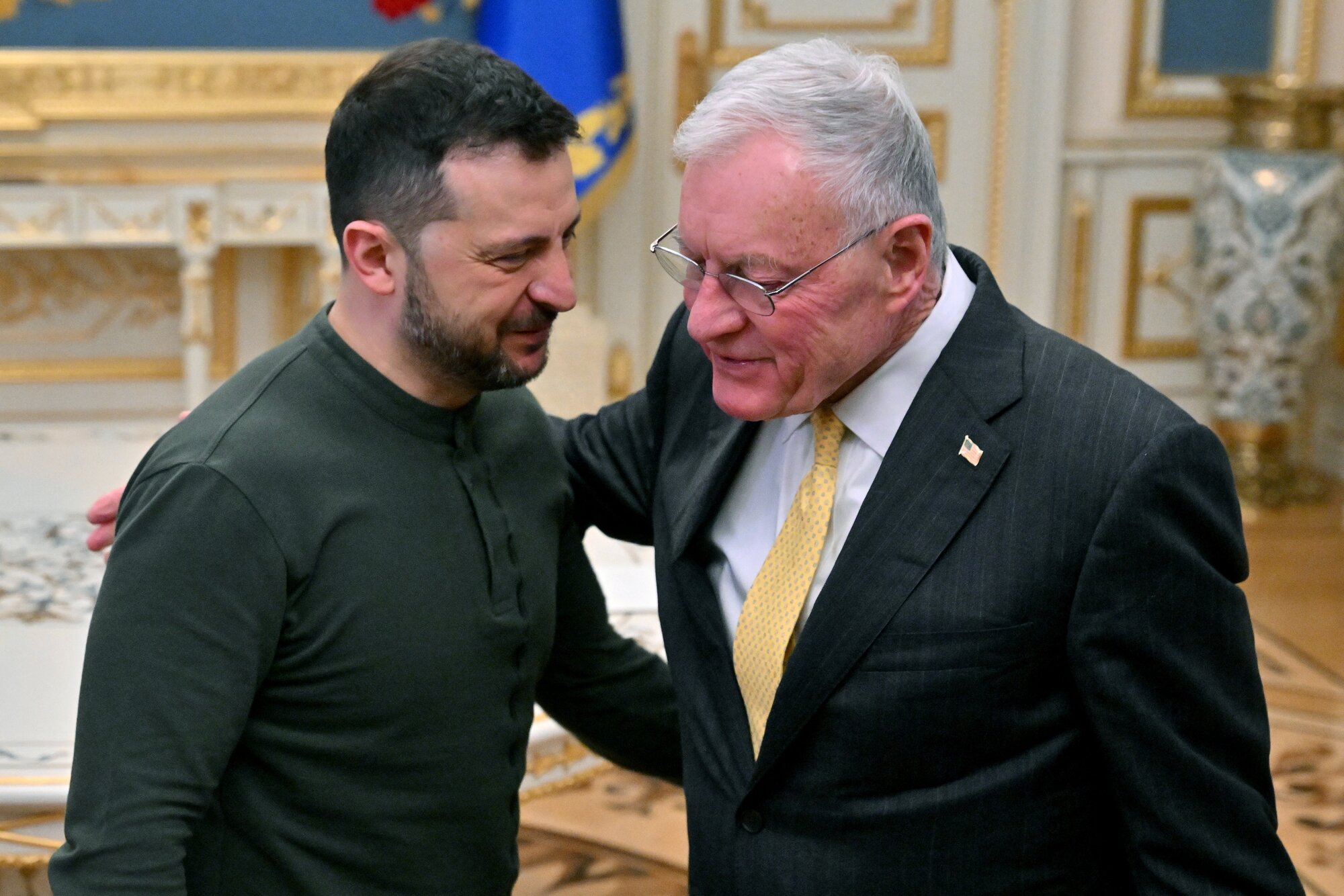 Ukraine's President Volodymyr Zelenskyy greets US envoy Keith Kellogg at his offices in Kyiv. Photo / AFP