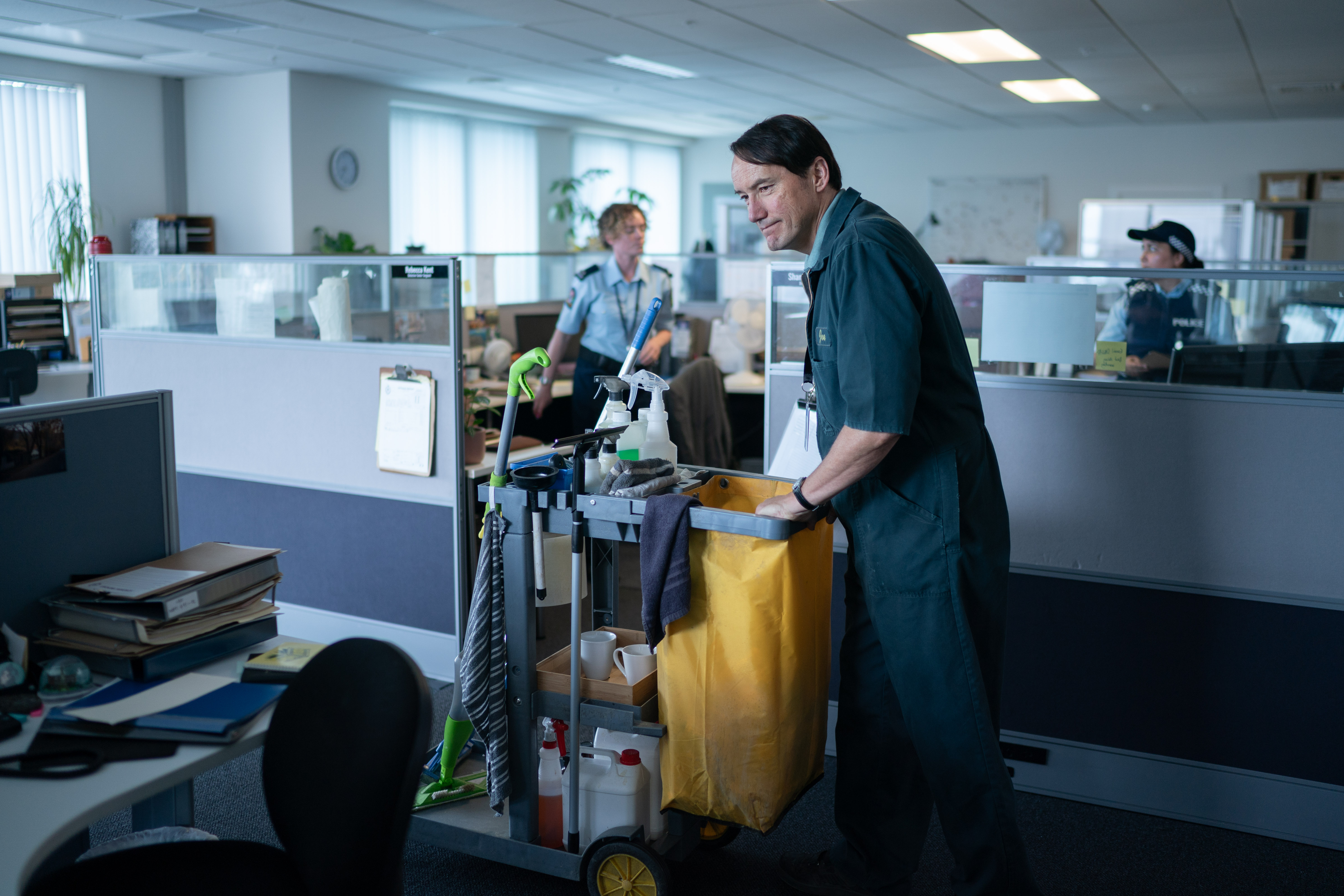 Cohen Holloway plays Joe Middleton, a janitor at the local police station, in Dark City: The Cleaner. Photo / Geoffrey Short