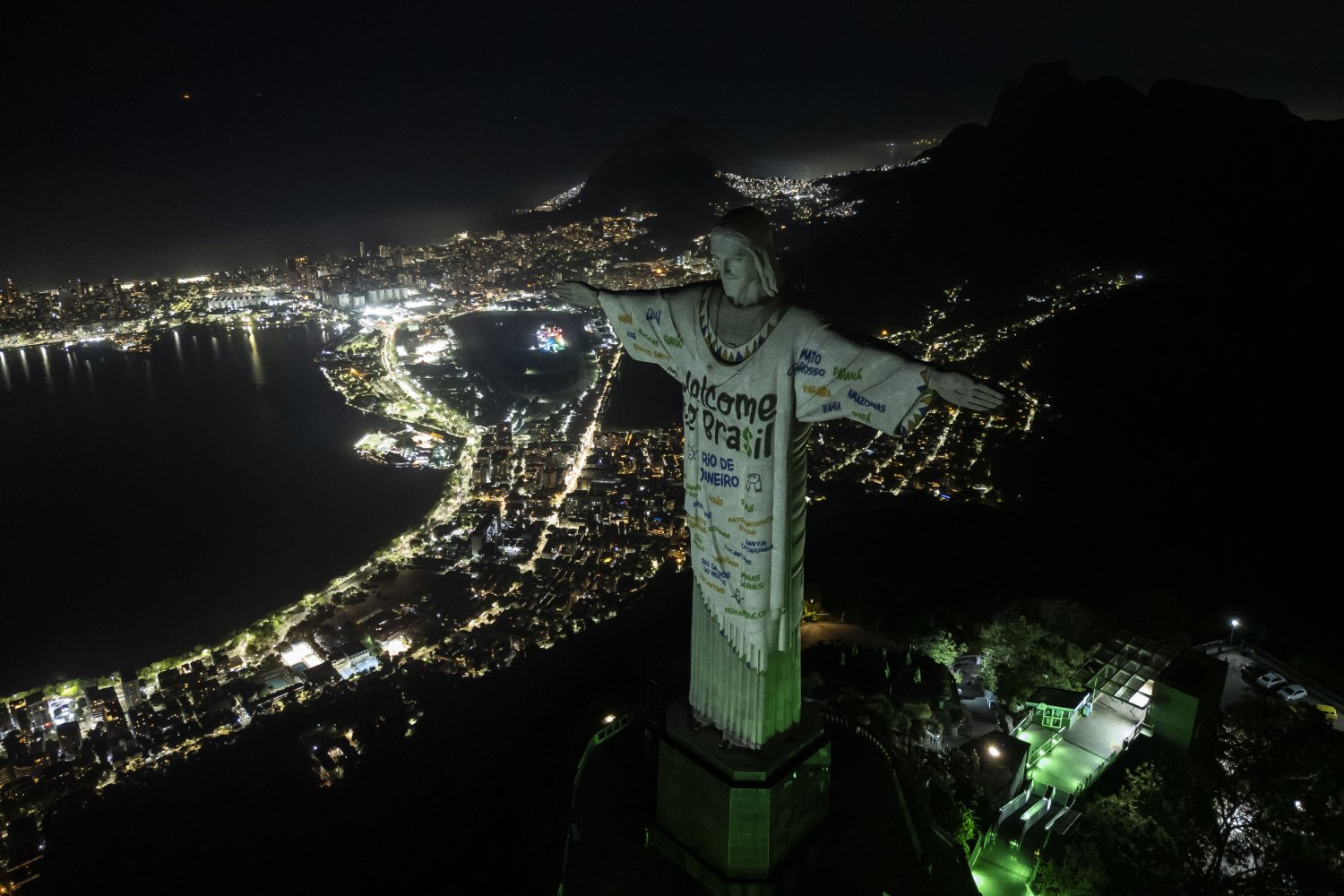 The Christ the Redeemer statue is illuminated with a welcome message for American singer Taylor Swift, in Rio de Janeiro, Brazil. Photo / AP