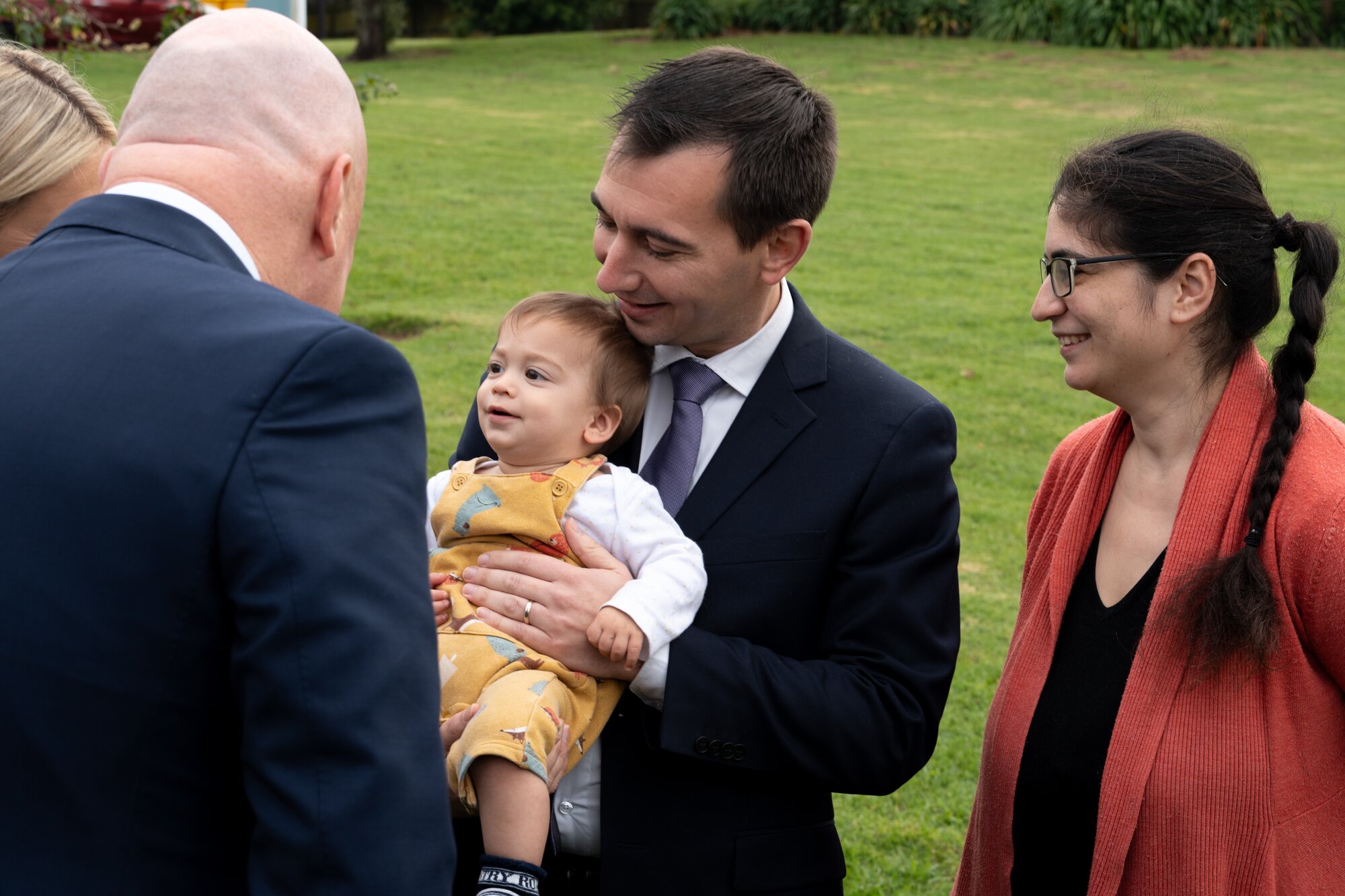 Simeon Brown and wife Rebecca with youngest son Peter and Prime Minister Christopher Luxon at a post-Budget health announcement in Botany. Photo / Annaleise Shortland