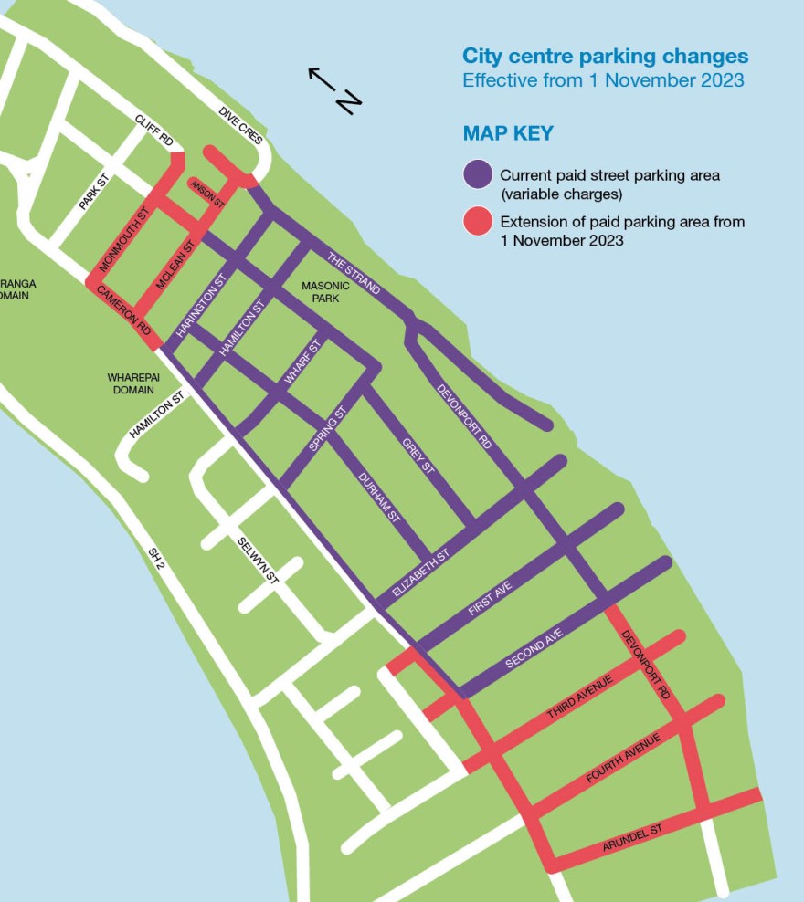 Tauranga City centre changes showing the extended paid parking area. Graphic / TCC