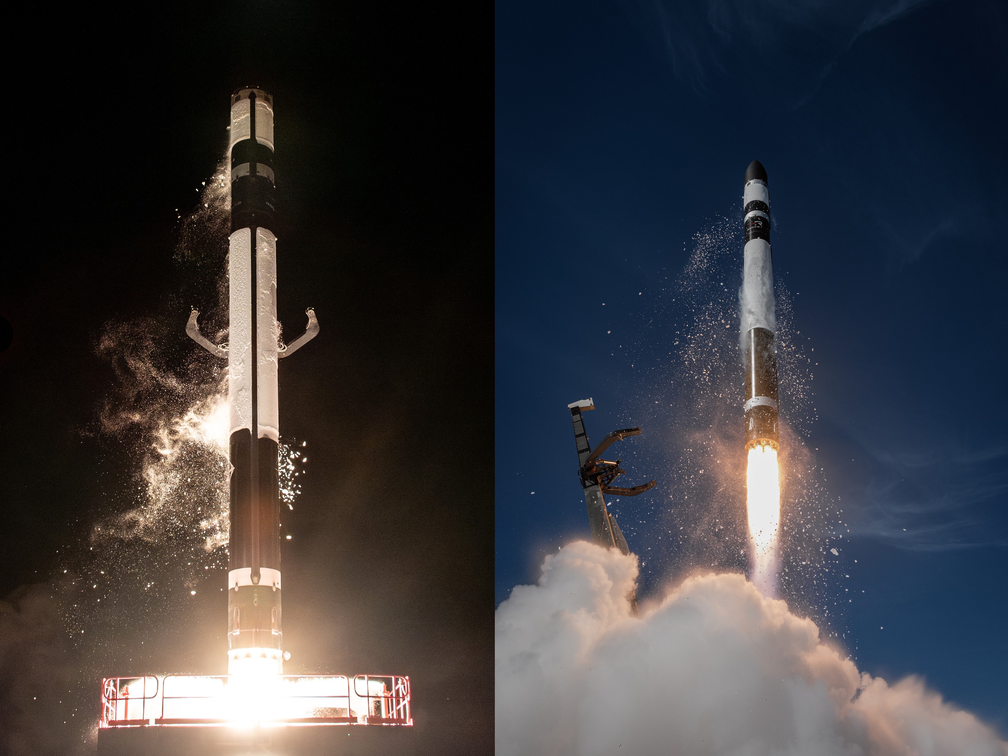 Rocket Lab's 55th Electron launch (left) was staged from Launch Complex 2 in Virgina, its 56th (right) from LC1 in Mahia.