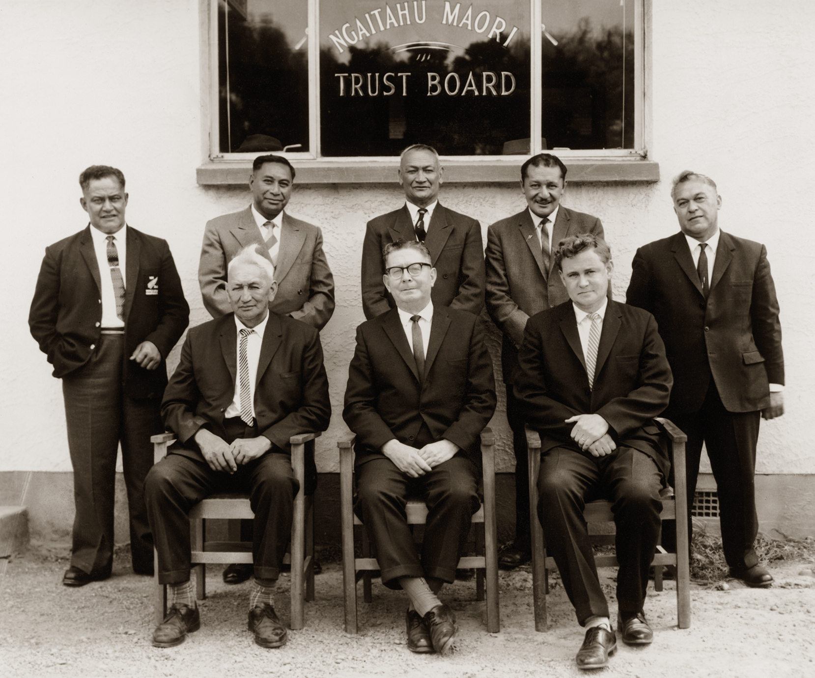 The Ngāi Tahu claim, Te Kerēme, was passed to O’Regan by Frank Winter, seated in the centre, who was a Ngāi Tahu leader and political activist. The Ngaitahu Māori Trust Board in 1965, back row, from left: H.J.R. Mason (Mahaanui), W. Torepe (Arowhenua), T.P.W. Robinson (Akaroa), R.A.M. Whaitiri (Murihiku), R. Ellison (Araiteuru). Front row, from left: R. Solomon (Kaikōura – deputy chairman), F.D. Winter (Te Ika-a -Maui – chairman), S.B. Ashton (secretary)