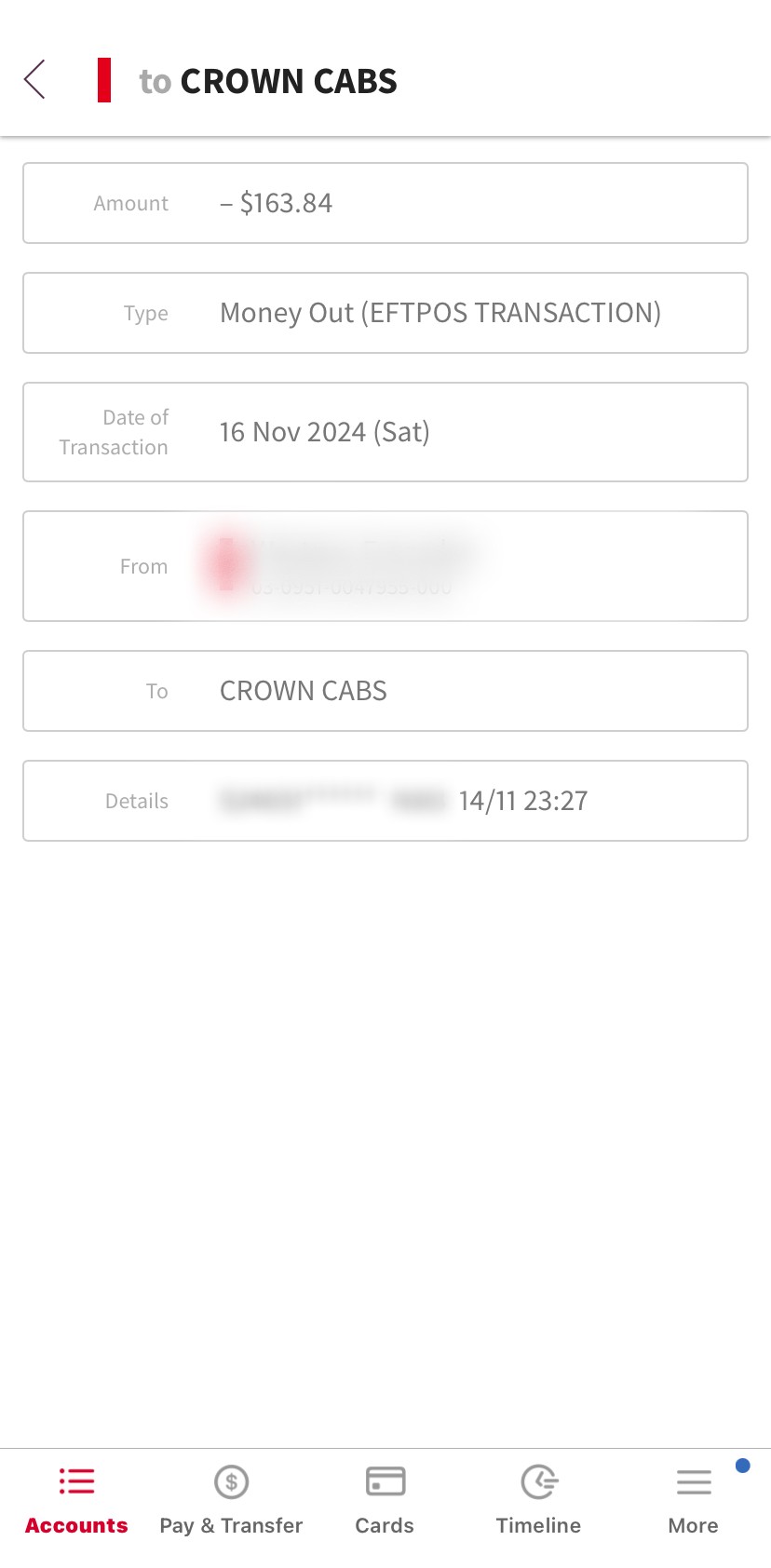 When the woman checked her bank statement, she saw she was charged $163.43 by Crown Cabs – averaging out to be just over $17 per km.