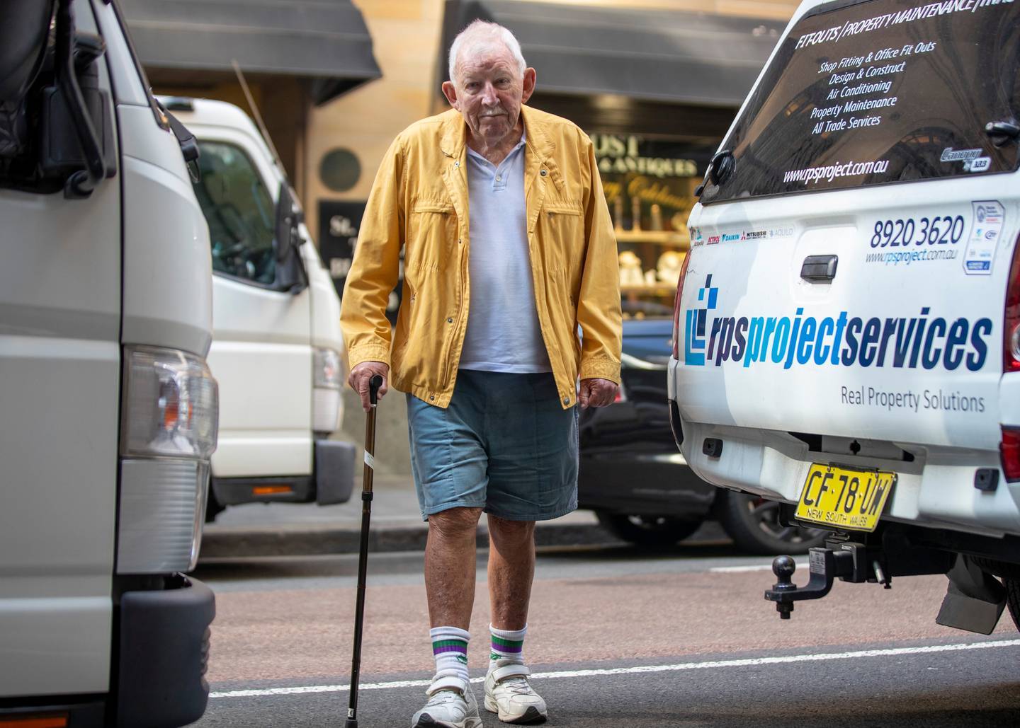 Ron Brierley in central Sydney following a court appearance. Photo / Liam Mendes