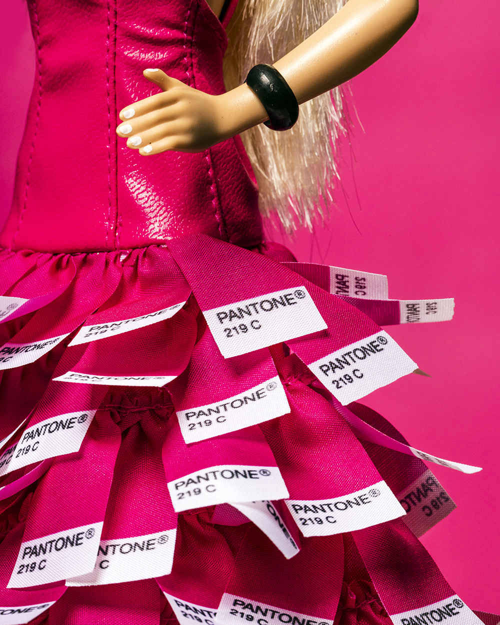 Though she is now synonymous with a pink so distinctive that she has co-opted the Pentone swatch 219 C, Barbie made her 1959 debut in monochrome. Photo / Elizabeth Renstrom, The New York Times