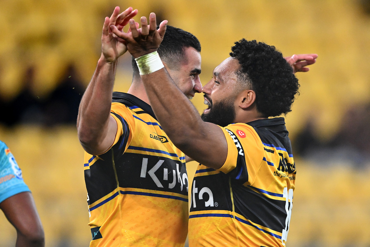 Hurricanes Josh Moorby and Fehi Fineanganofo celebrate a try against Moana Pasifika. Photo / Photosport