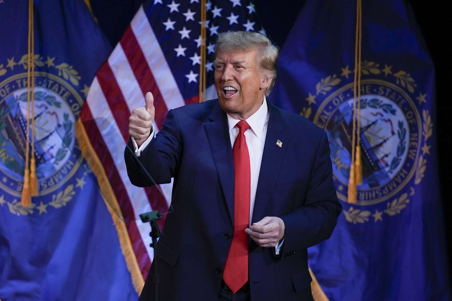 Republican presidential candidate former President Donald Trump gives a thumbs-up after speaking at a campaign event in Rochester, New Hampshire on January 21. (AP Photo/Charles Krupa)