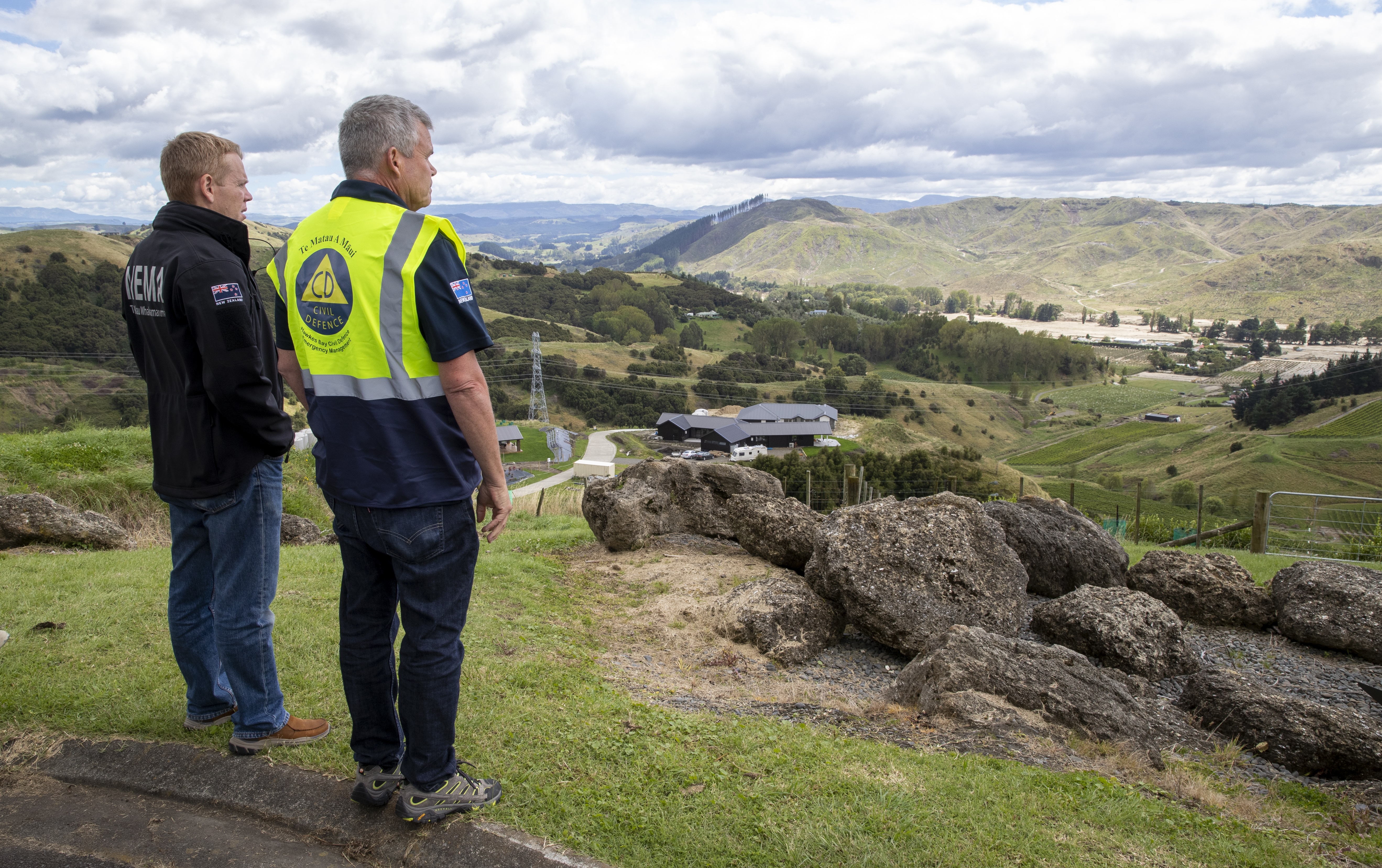 Prime Minister Chris Hipkins and Hawke's Bay Civil Defence and Emergency Management Group Controller Ian McDonald surveying Cyclone Gabrielle damage to Esk Valley in February. Photo / Mark Mitchell