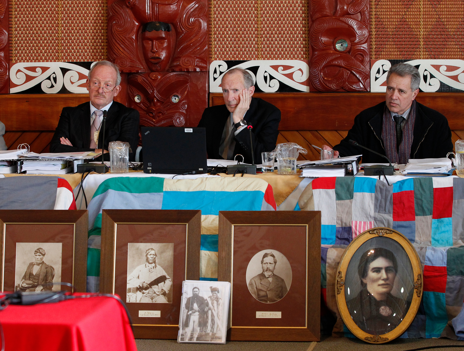 A previous hearing of the freshwater inquiry by Waitangi Tribunal at Waiwhetu, Lower Hutt in 2012: former member Tim Castle (left), Ron Crosby, and chairman Judge Wilson Isaac. Photo / Mark Mitchell