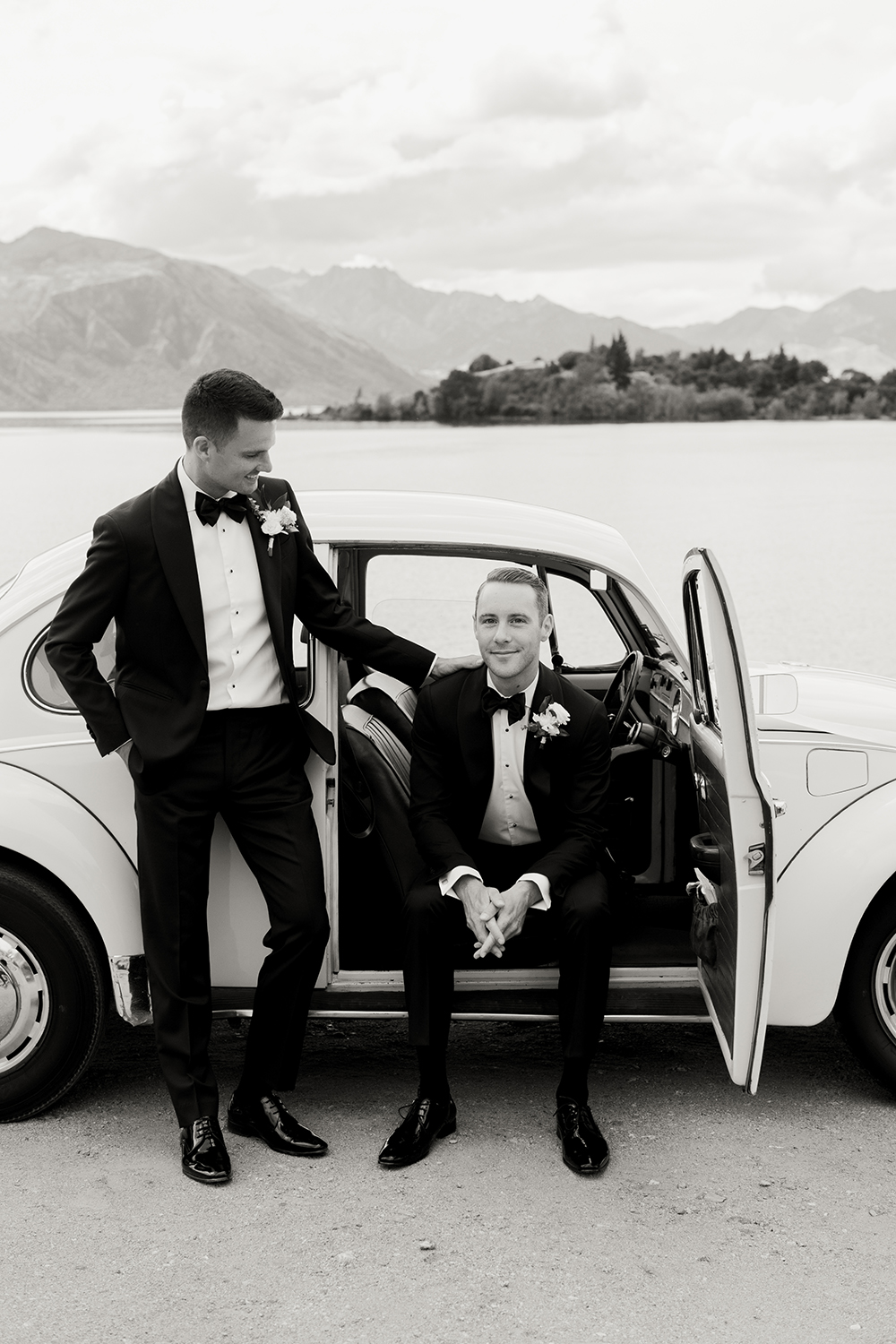 Kevin and Cam had matching tuxedos made by Working Style. Photo / Anna Kidman