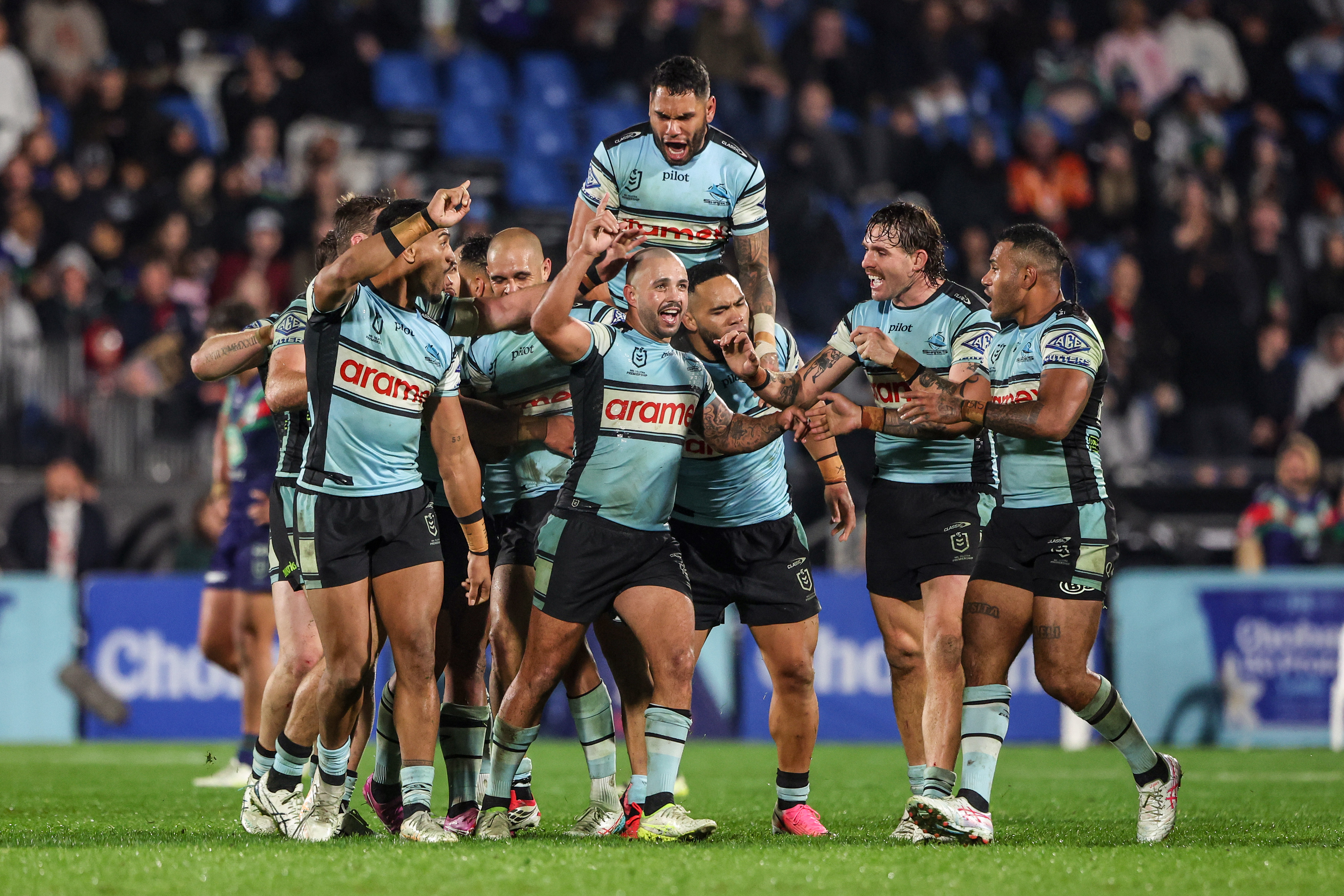 Braydon Trindall's two-point field goal seals a 10-8 win for the Cronulla Sharks over the NZ Warriors. Photo / Photosport