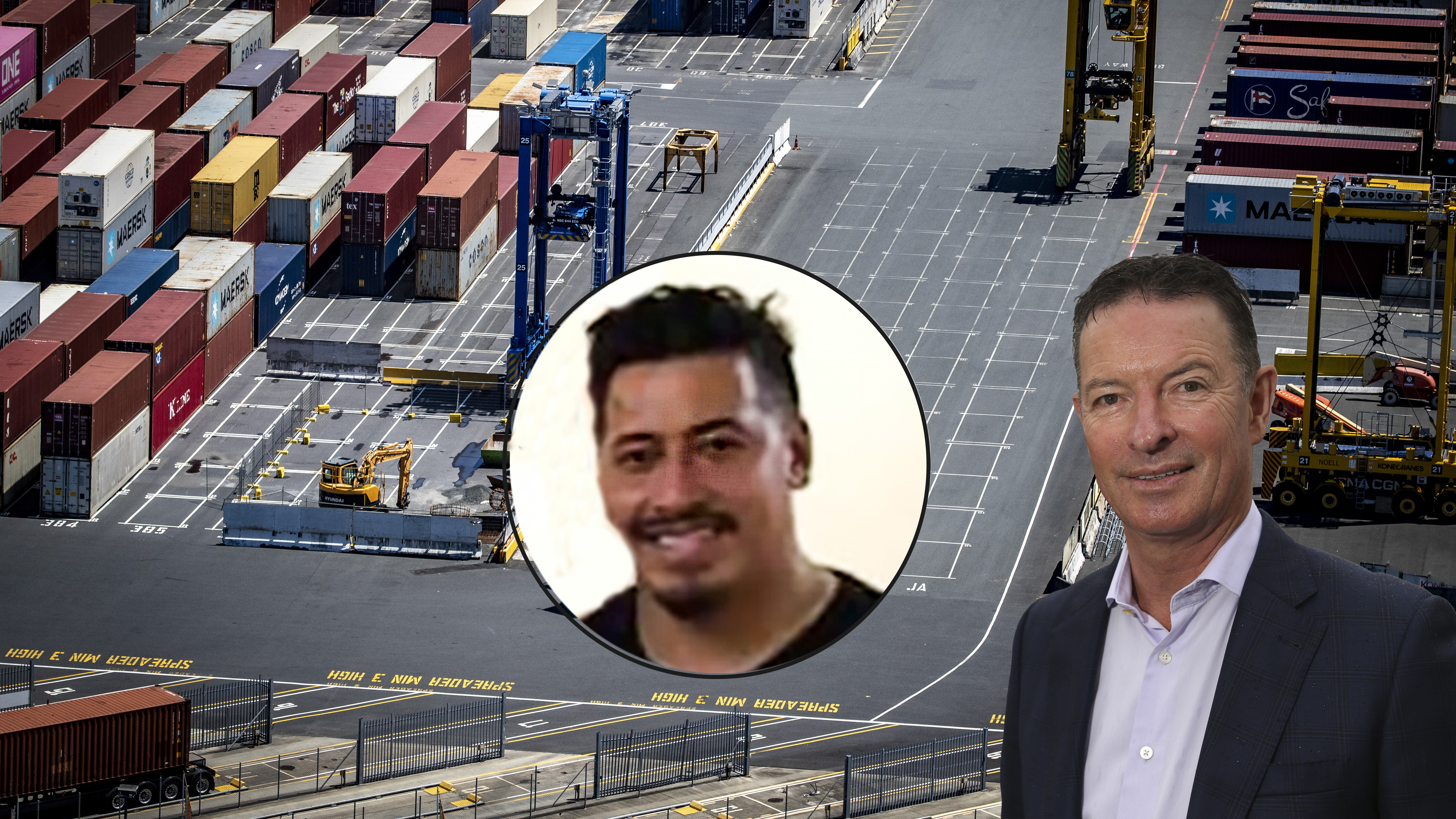 Former Ports of Auckland CEO, Tony Gibson (right) is on trial over the death of stevedore Pala’amo Kalati (inset) who was struck by a falling container on August 30, 2020.                                  
