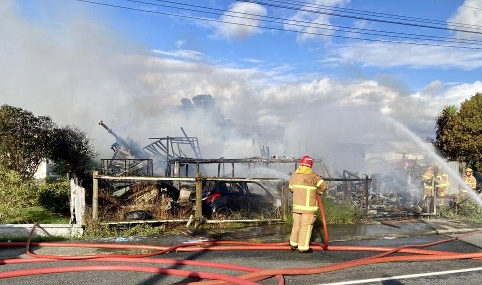 The Ruawai home was destroyed in minutes by the hot fire, with fire crews from Ruawai, Maungaturoto, Dargaville and Whangārei battling to stop the blaze spreading.