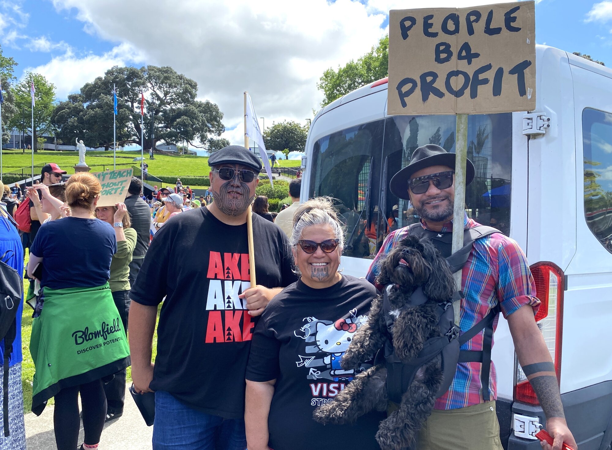 Tai Tokerau MP Mariameno Kapa-Kingi (centre) was at the Whangārei strike with her husband Korotangi Kapa-Kingi (left) and Sydney Heremia, who brought his dog Oscar to help support the doctors who saved his life in a recent heart operation. Photo / Denise Piper
