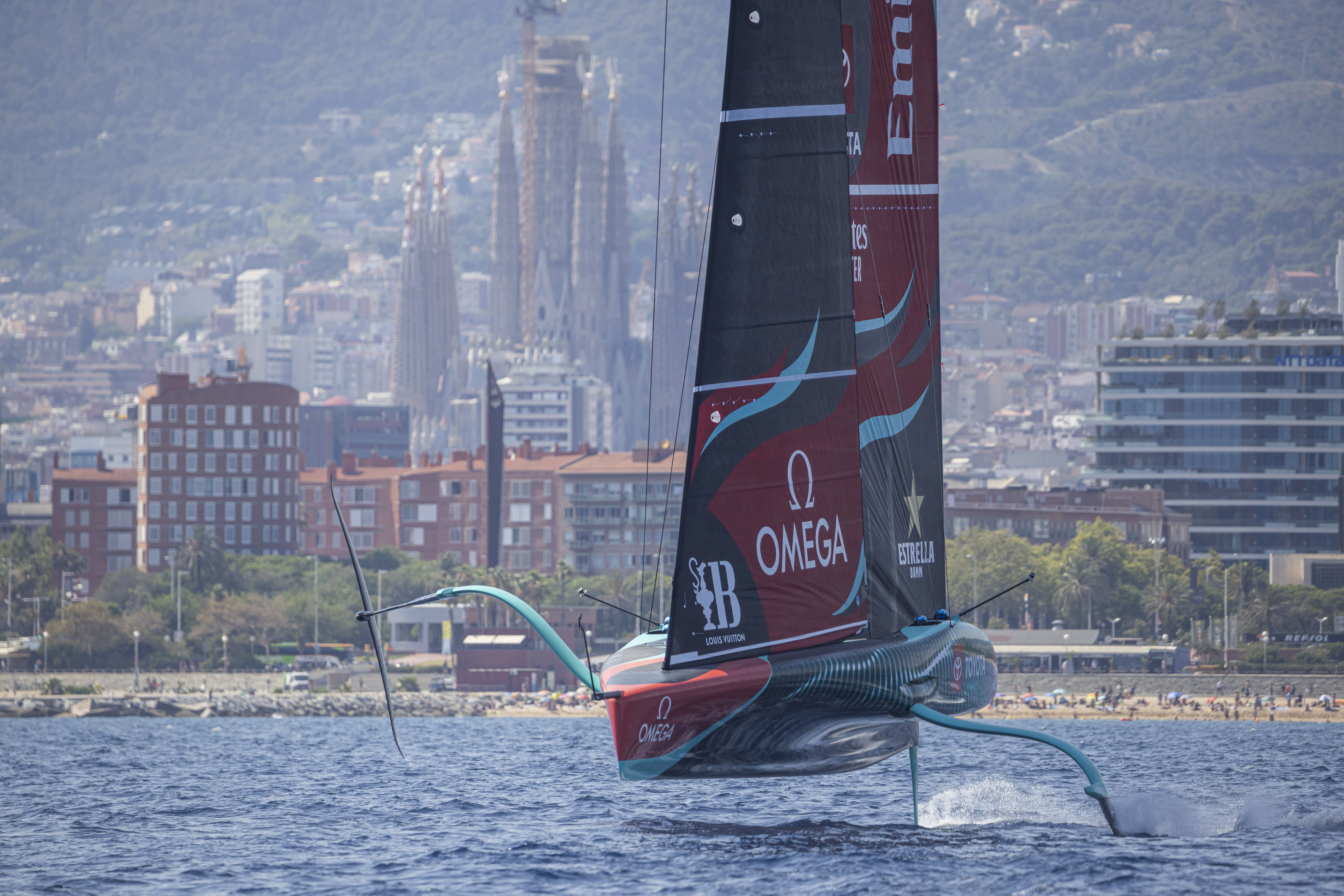 Team New Zealand sail their AC75 Taihoro in Barcelona. Photo / Job Vermeulen, America's Cup