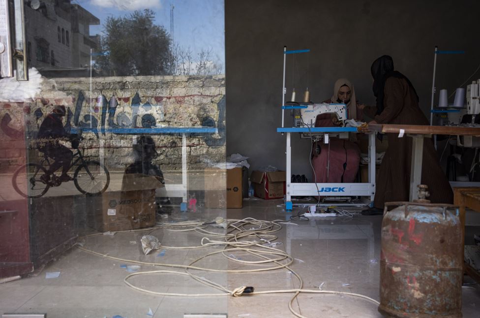 Palestinian women sew diapers in Rafah, southern Gaza Strip. Photo / AP