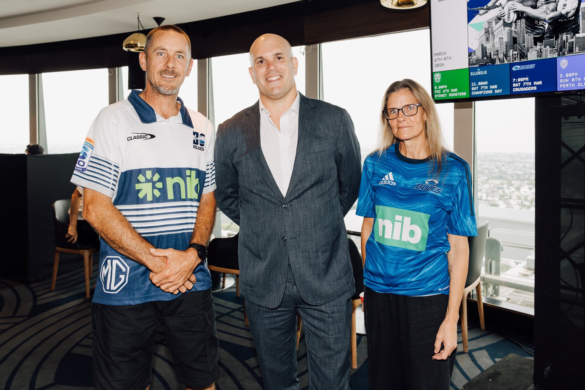 New chief executive Karl Budge (centre) has been tasked with bringing the Blues' fans back to Eden Park. Photo / Radlab.