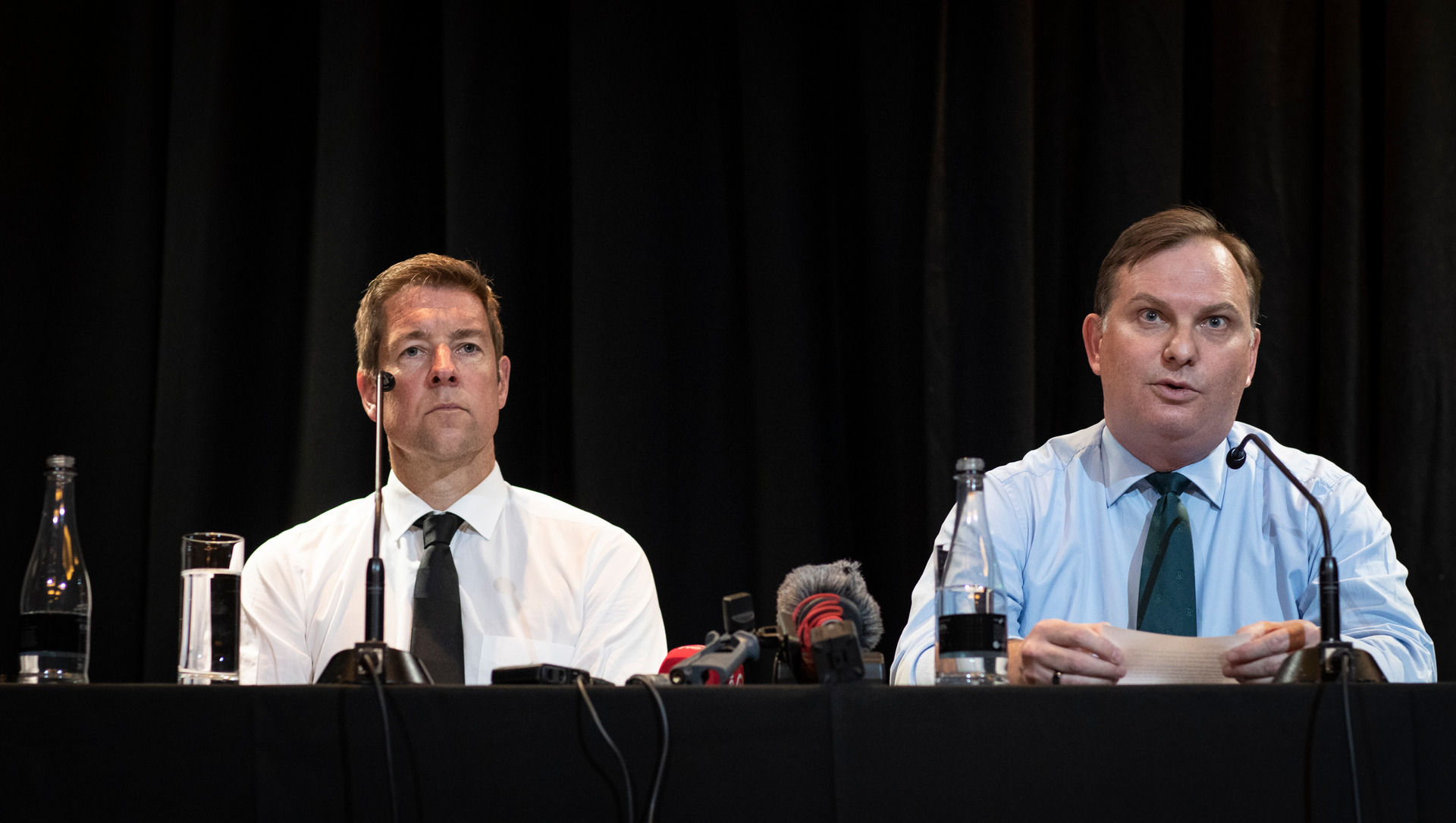 Dilworth College Headmaster, Dan Reddiex (left) and Chairman of the Dilworth Trust Board, Aaron Snodgrass address media. Photo / Greg Bowker