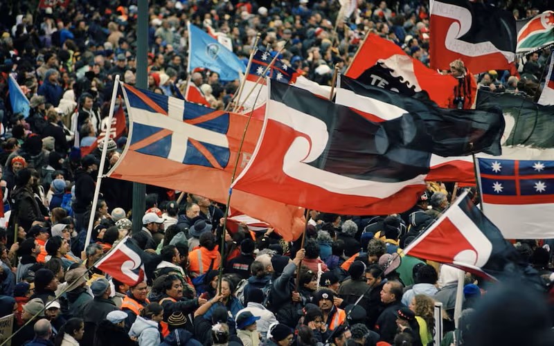 An estimated 10,000 people gathered at Parliament after a hīkoi two decades ago to protest proposed seabed and foreshore legislation. Photo / AFP / RNZ