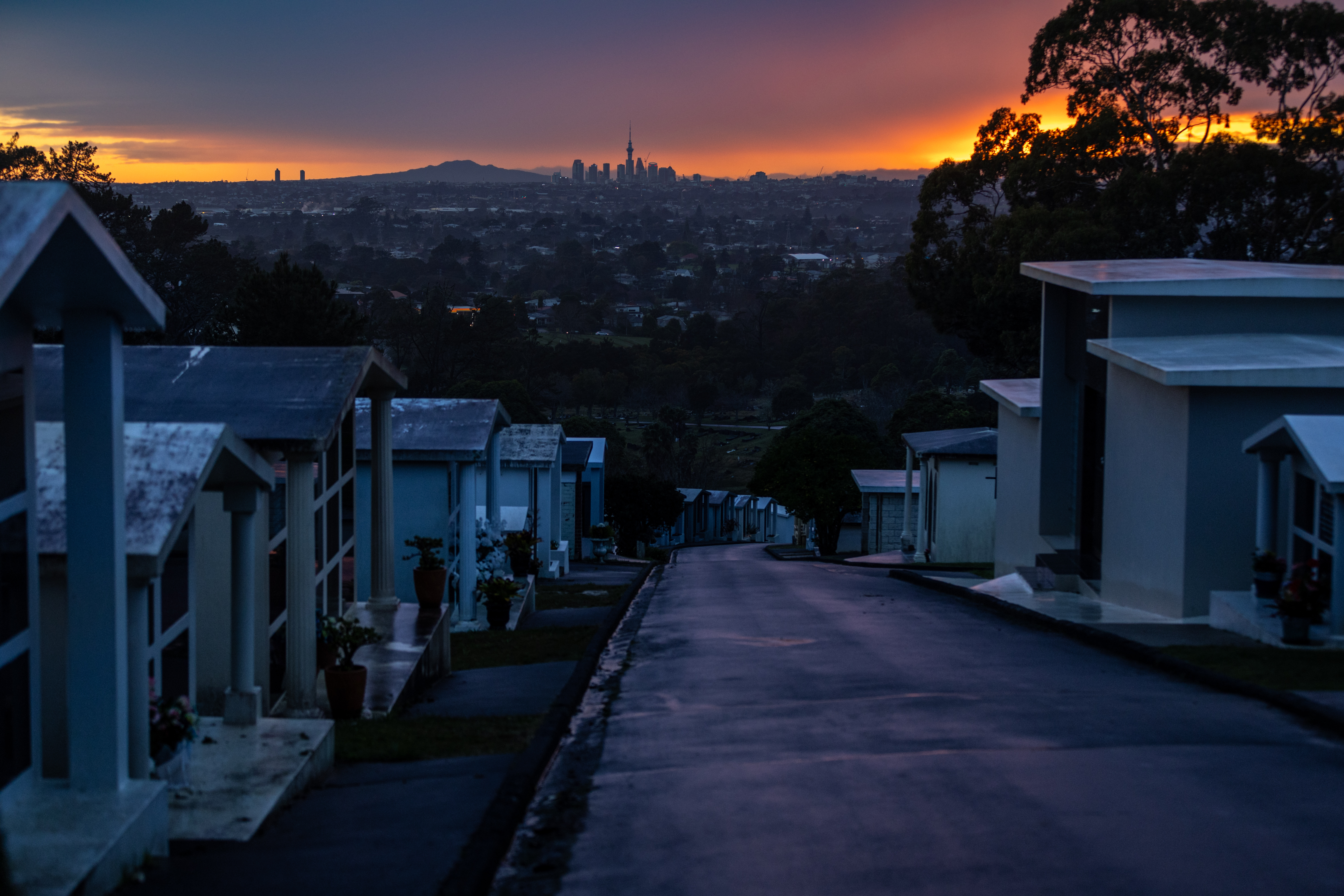 The mausolea at Waikumete Cemetery in West Auckland, showing the city in the background on August 1, 2024. Photo / Michael Craig