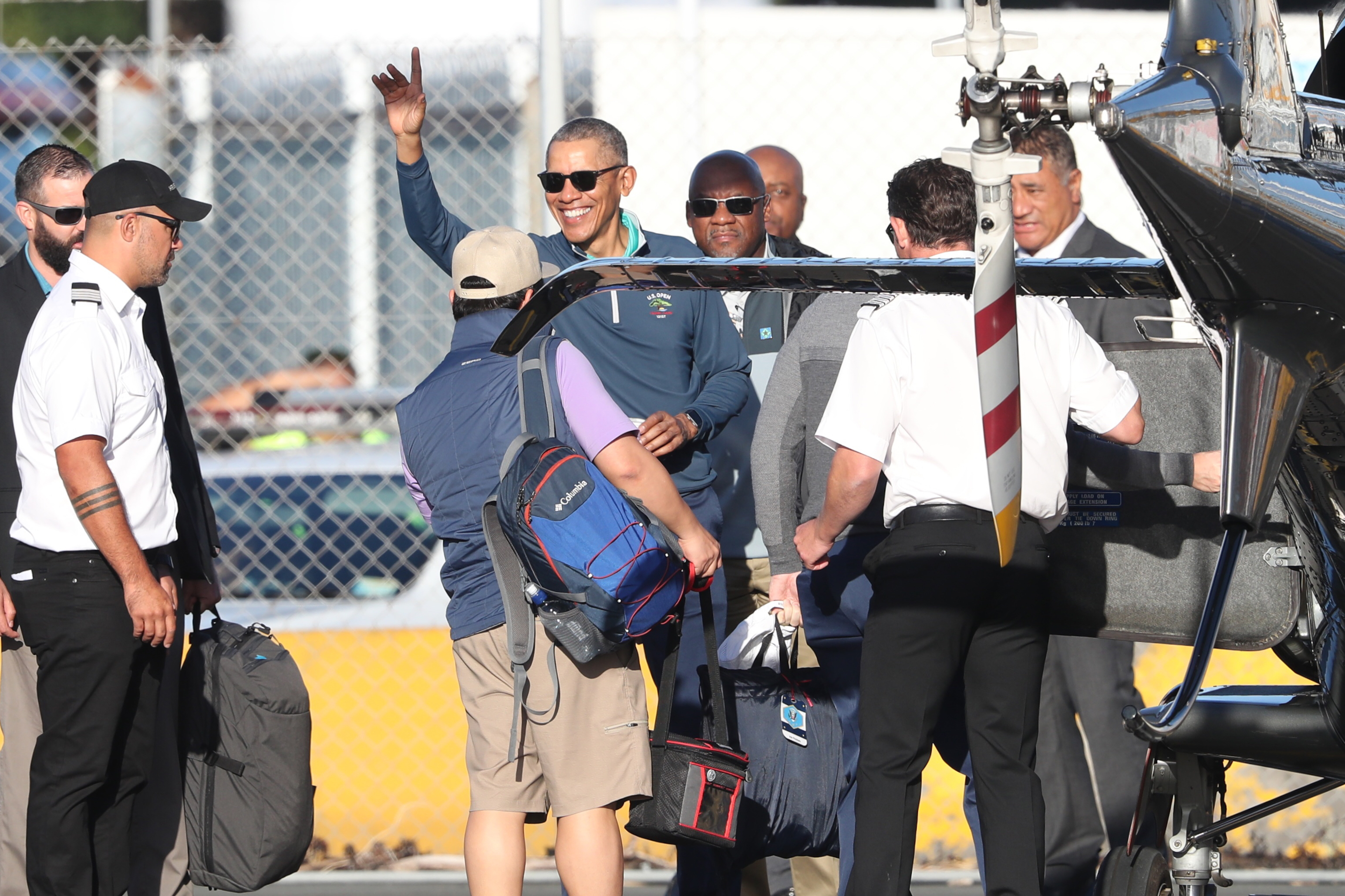 President Barack Obama boards a helicopter at Mechanics Bay. Photo / Brett Phibbs
